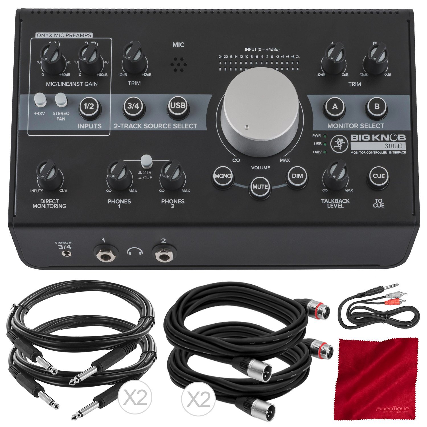 Mackie Big Knob Studio Monitor Controller Interface with 5X Cables & Fibertique Cloth - Professional Audio Mixing & Recording Bundle for Home & Studio Use