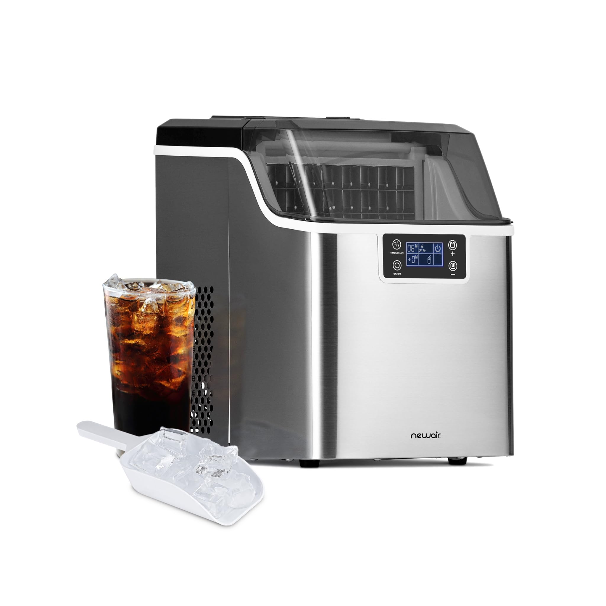 Newair 45lbs/Day Countertop Clear Ice Maker with Self-Cleaning & Adjustable Ice Thickness - Portable Ice Cube Machine with 24H Timer - Perfect for Home, Office, RV, Outdoor Bar & Parties - Stainless Steel Design