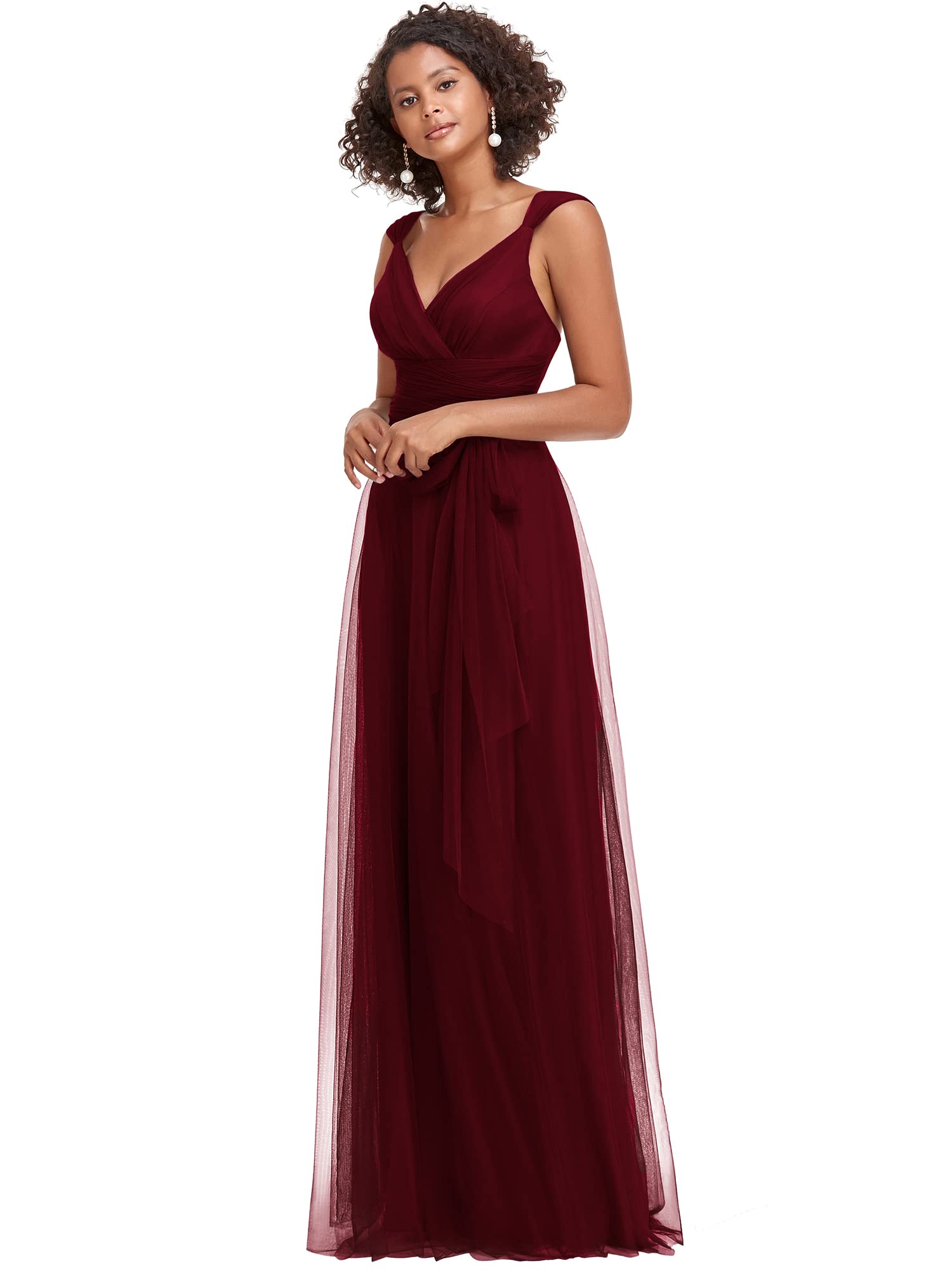 Ever-Pretty Women's Elegant V-Neck Sash Waist A-Line Maxi Tulle Wrap Dress - Formal Bridesmaid Dresses 07303 (USA) | Perfect for Weddings, Proms, and Special Occasions