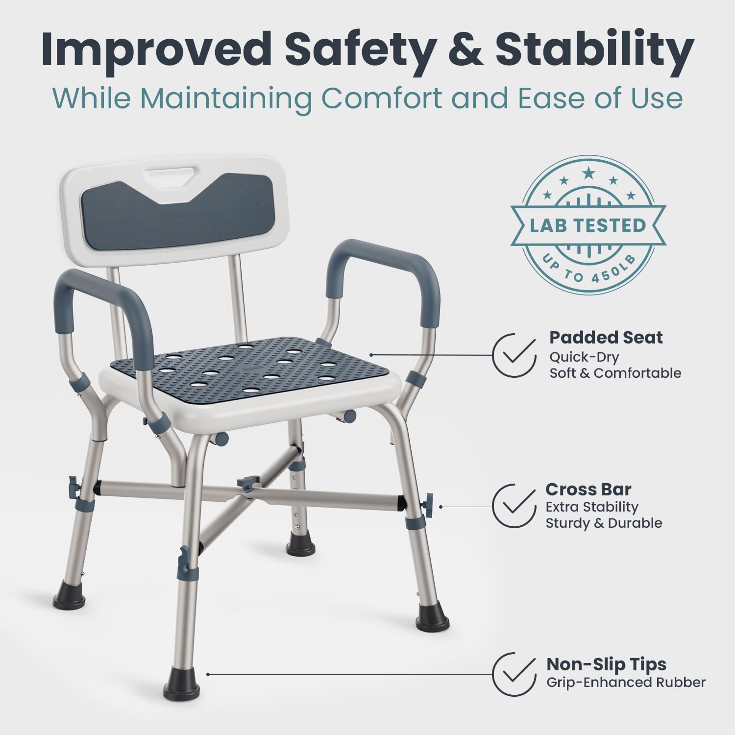 **Heavy Duty Shower Chair for Elderly & Disabled - 450lb Capacity, Adjustable Height, Padded Armrests & Back Support - Non-Slip Bath Seat for Safe Showering at Home, Hospital, or Assisted Living (Blue)**