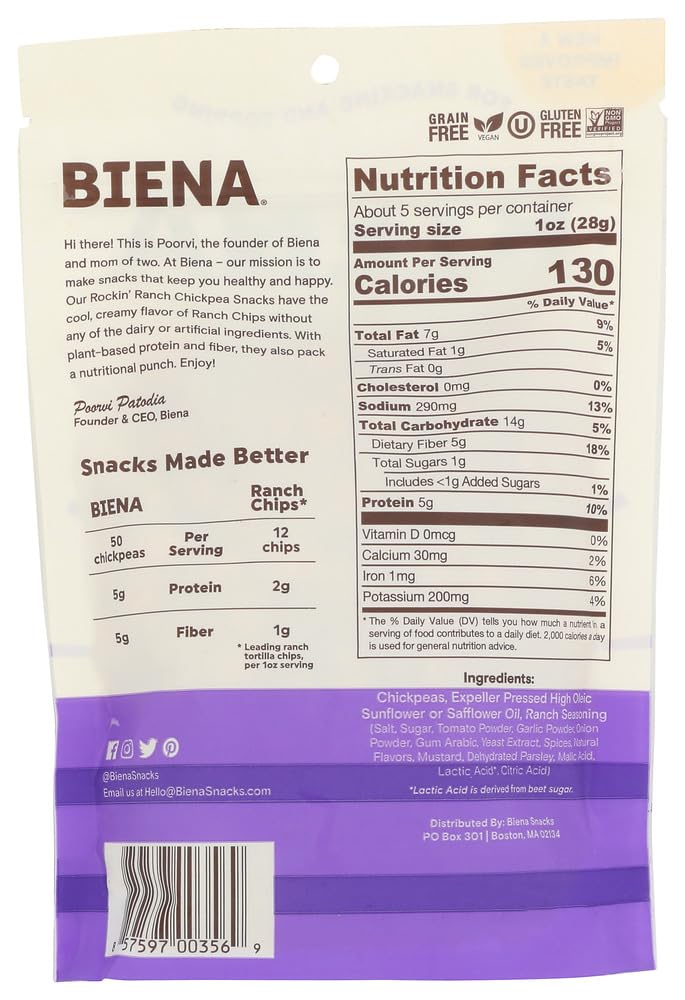 Biena All Natural Rockin' Ranch Chickpea Snacks 5oz (Pack of 2) - Healthy Vegan Protein Snack for On-the-Go, Office, and Movie Nights
