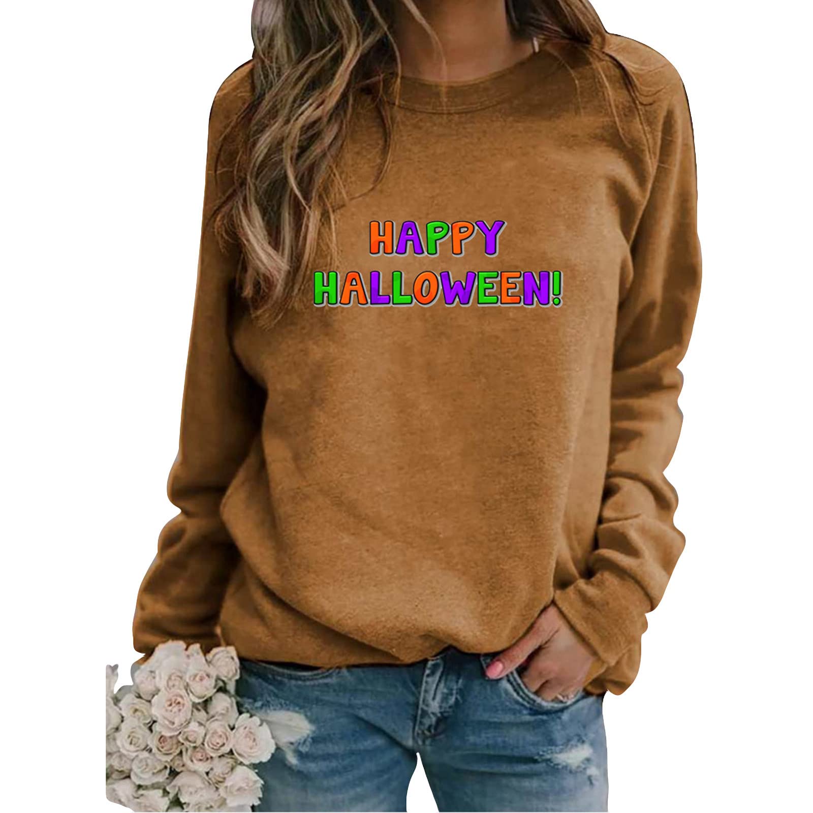 HAOREEKZ Halloween T-Shirts for Women | Fashion Loose Fit Round Neck Long Sleeve Graphic Printed Sweatshirt Top | Perfect for Halloween Parties, Costume Events & Fall Outfits
