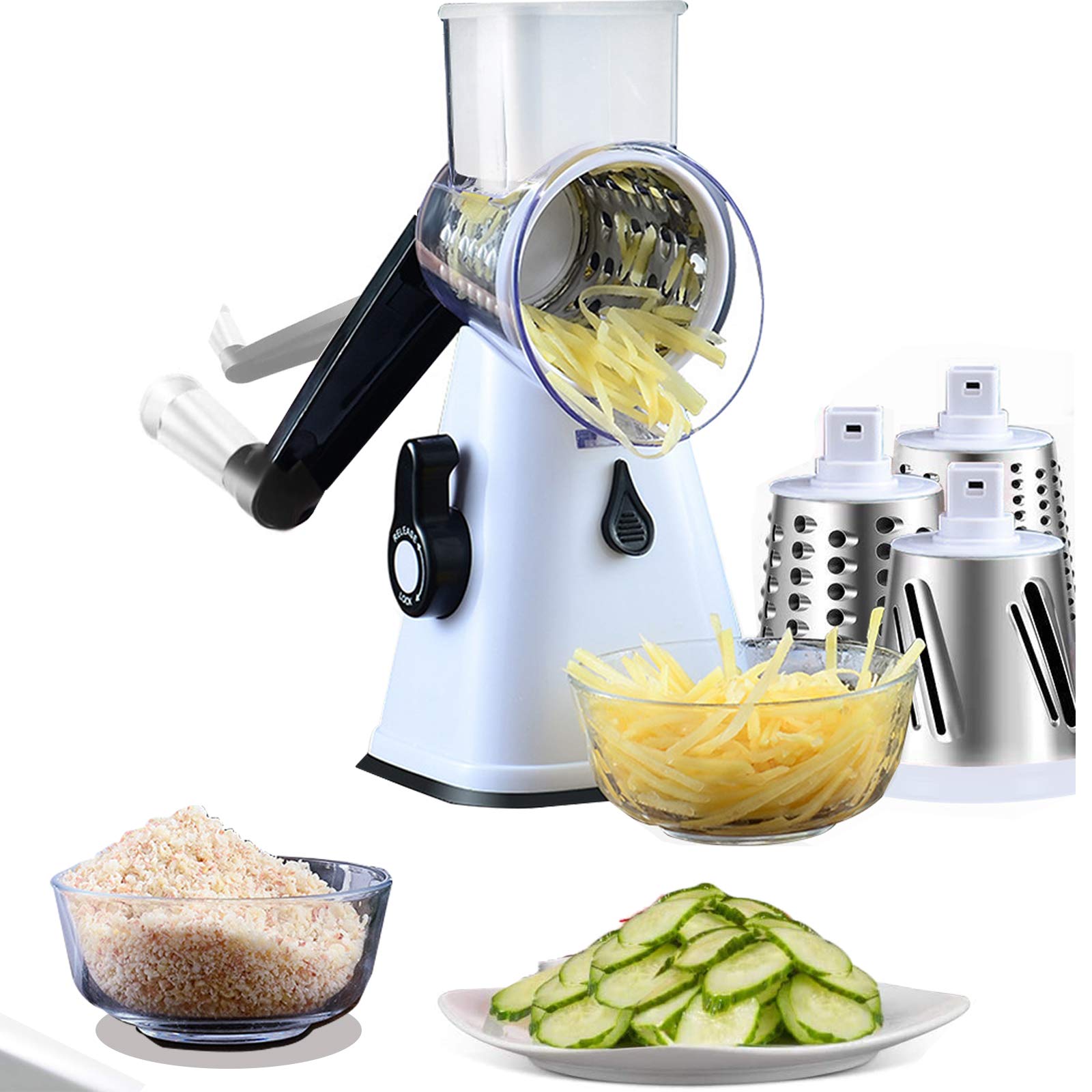 3-in-1 Rotary Cheese Grater & Vegetable Slicer Set with Interchangeable Blades - Stainless Steel Mandoline Slicer for Cheese, Nuts, Vegetables - Includes Free Peeler (White) - Perfect for Kitchen, Salad Prep & Party Platters