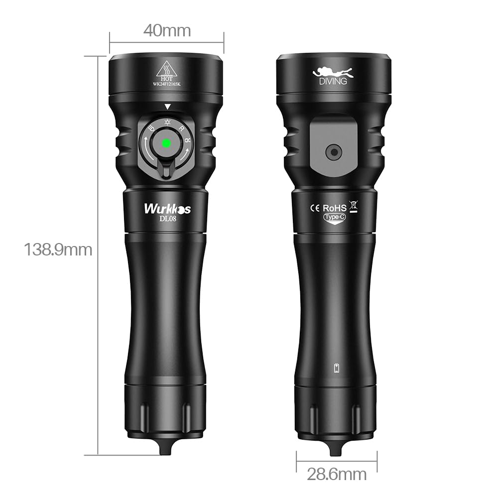 Wurkkos DL08 3600 Lumens Rechargeable Scuba Diving Light with Red & UV Modes, IP68 Waterproof Underwater Flashlight with Adjustable Brightness & 5000mAh Battery - Perfect for Night Diving, Cave Exploration & Underwater Photography