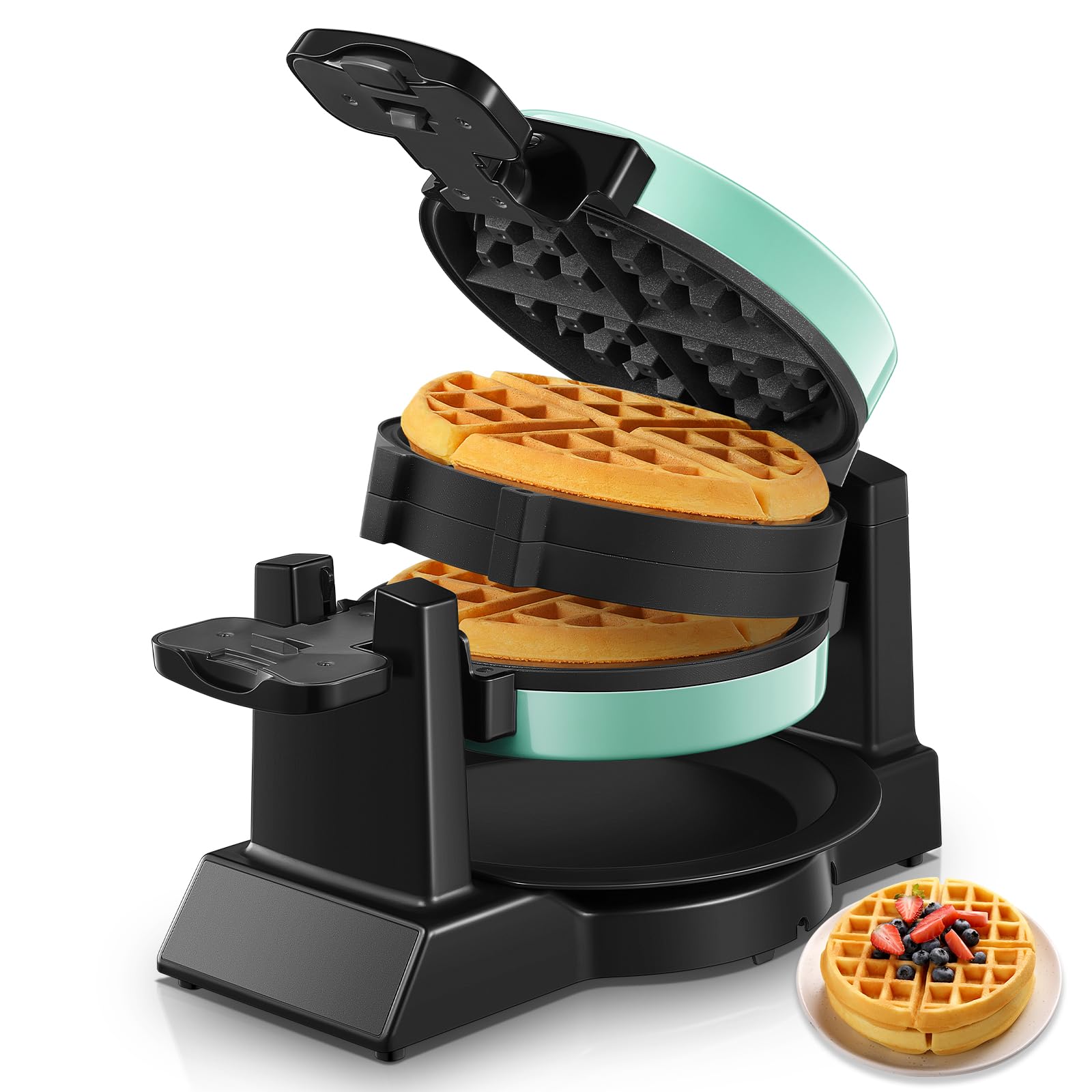 **1400W Double Belgian Waffle Maker – 180° Flip, Nonstick & Rotating Plates, Makes 8 Slices in 3 Mins – Anti-Scald, Cool Touch Handle, Removable Drip Tray – Easy to Clean & Space-Saving (Mint Blue) – Perfect for Breakfast, Brunch & Family Gatherings**