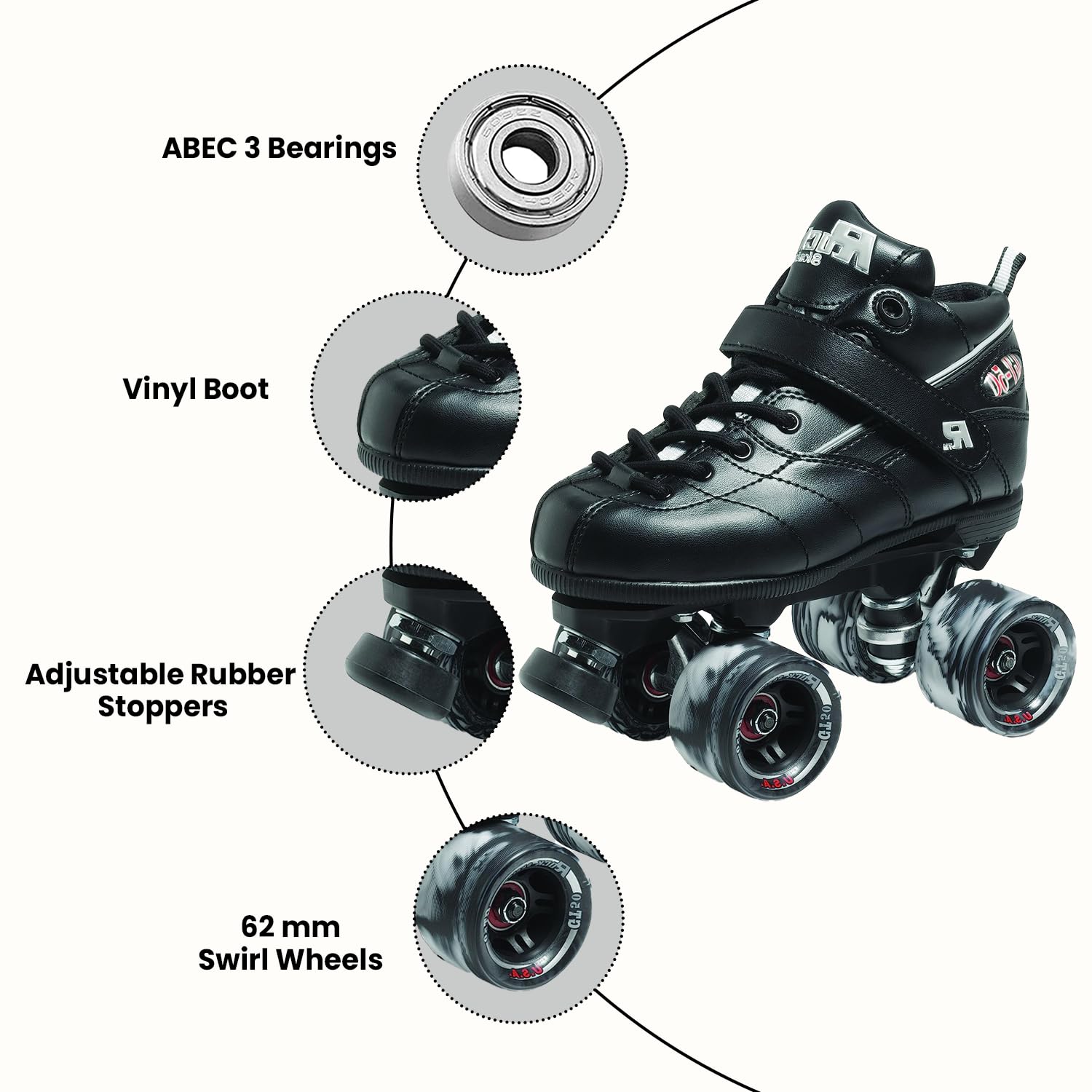 Sure Grip Rock GT50 Black Roller Skates - Unisex Indoor Skates for Men & Women - Nylon Composite Frame, 62mm Swirl Wheels & ABEC-5 Bearings - Lightweight & Comfortable Design for Rink Skating & Fitness