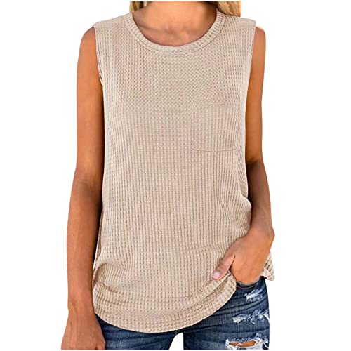 Women's Waffle Knit Tank Top - Casual Crew Neck Sleeveless Sweater Vest Blouse - Solid Plain Fall Knitted Loose Tunic for Layering, Office Wear & Autumn Outfits