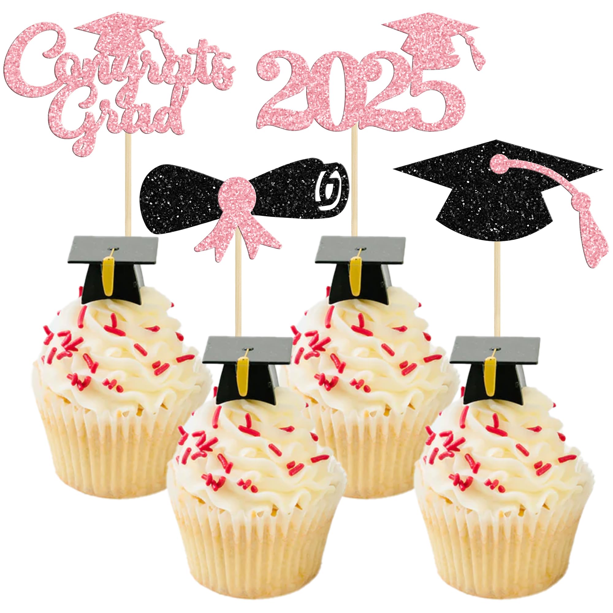 24Pcs 2025 Graduation Cupcake Toppers - Glitter Class of 2025 Diploma & Cap Cake Decorations - Pink Graduation Party Supplies for Graduation Ceremony, School Celebration & Dessert Table Decor