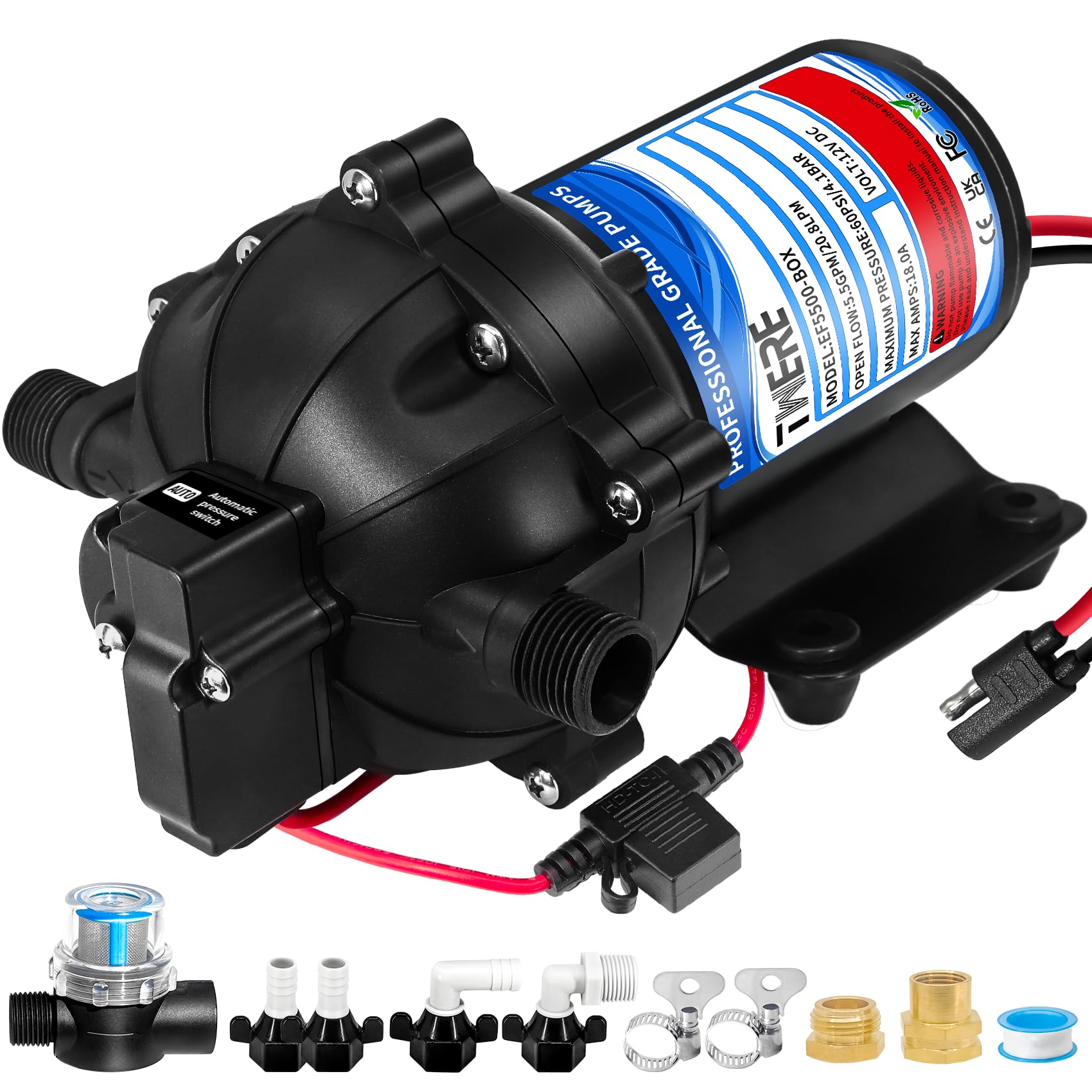 EF5500-BOX 12V Diaphragm Water Pump, 5.5GPM 60PSI Self-Priming Pump with 1/2