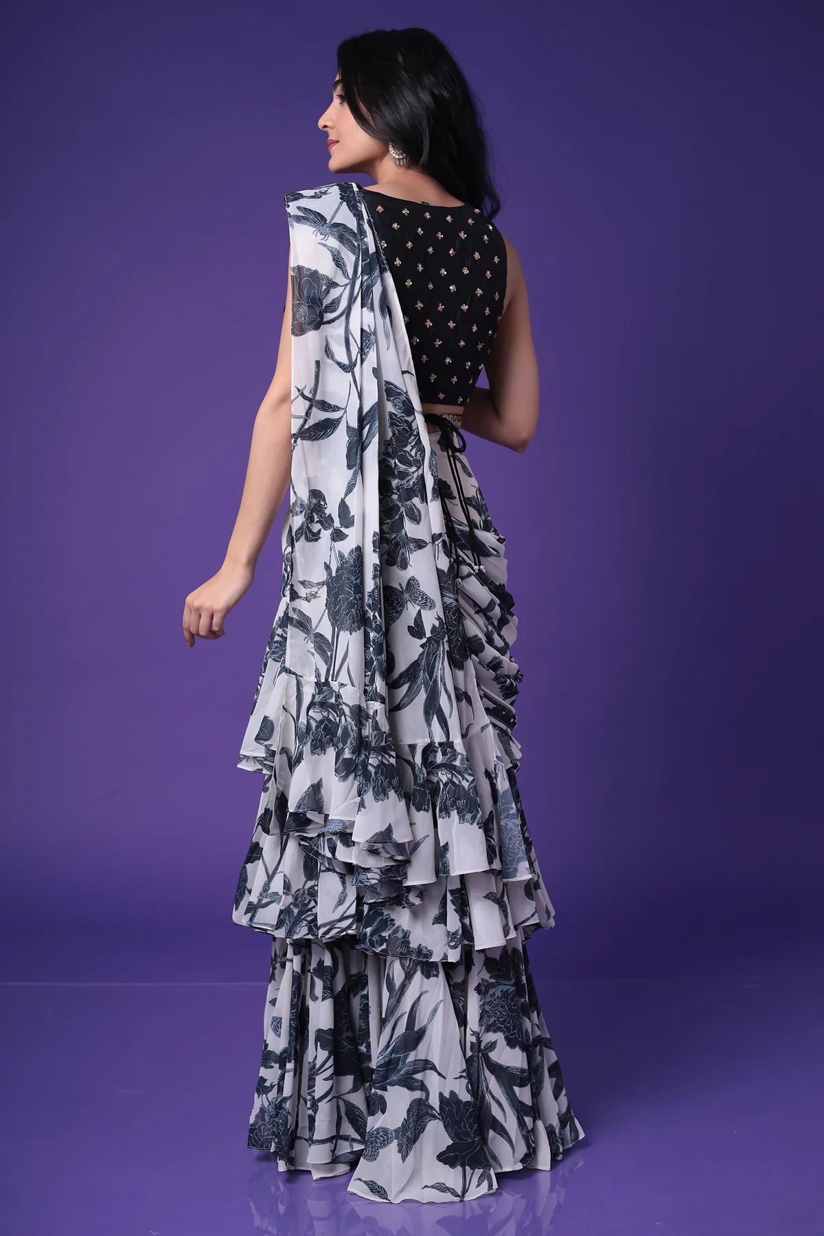 Elegant Cream & Black Printed Pre Draped Saree Set (D42) - Perfect for Weddings, Parties & Festive Occasions