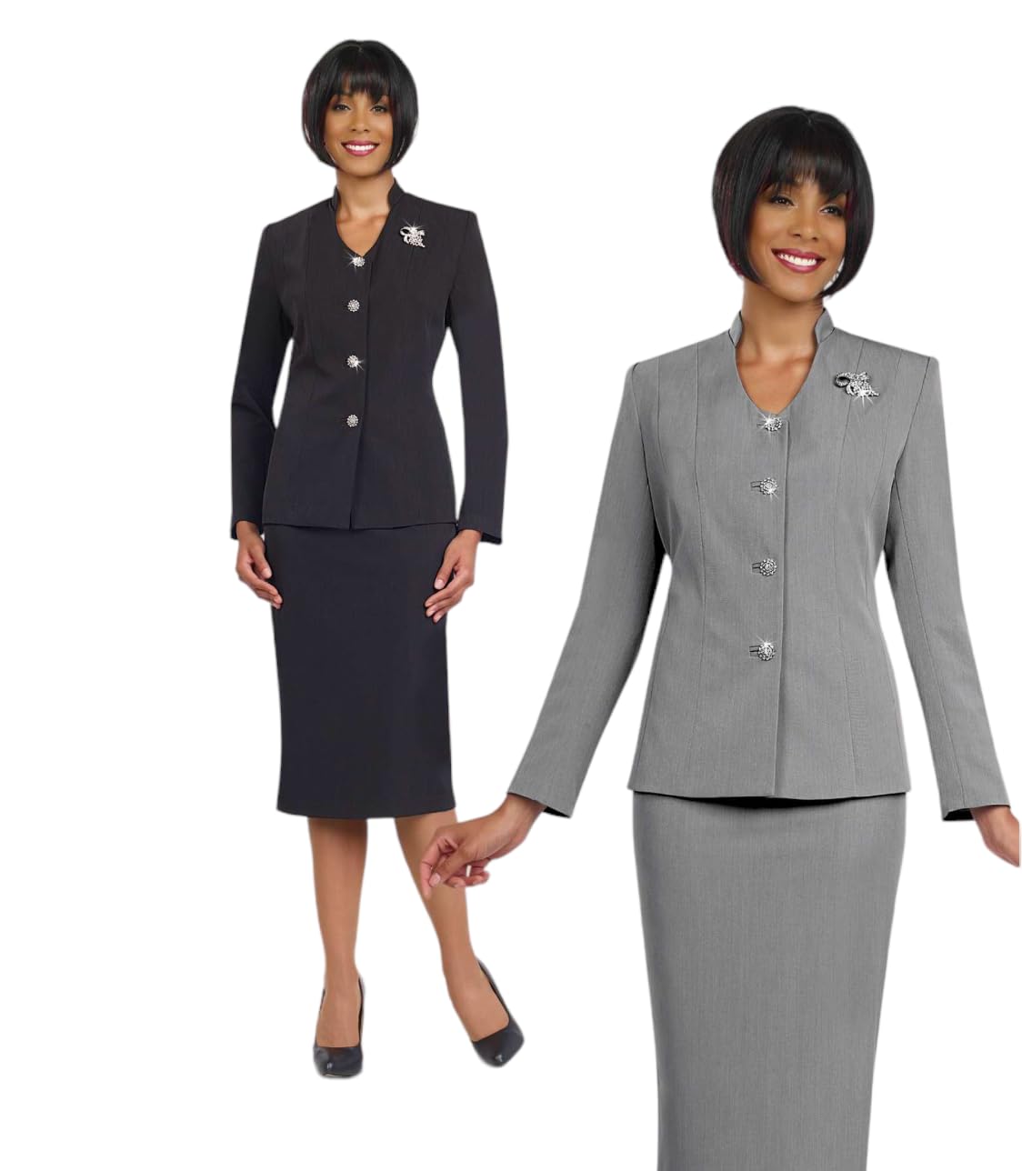 Elegant Women's Two-Piece Skirt Suit Set with Four-Button Jacket & Brooch - Ben Marc BM78096 | Church Outfit, Office Wear, Wedding Guest Attire, Business Formal Ensemble