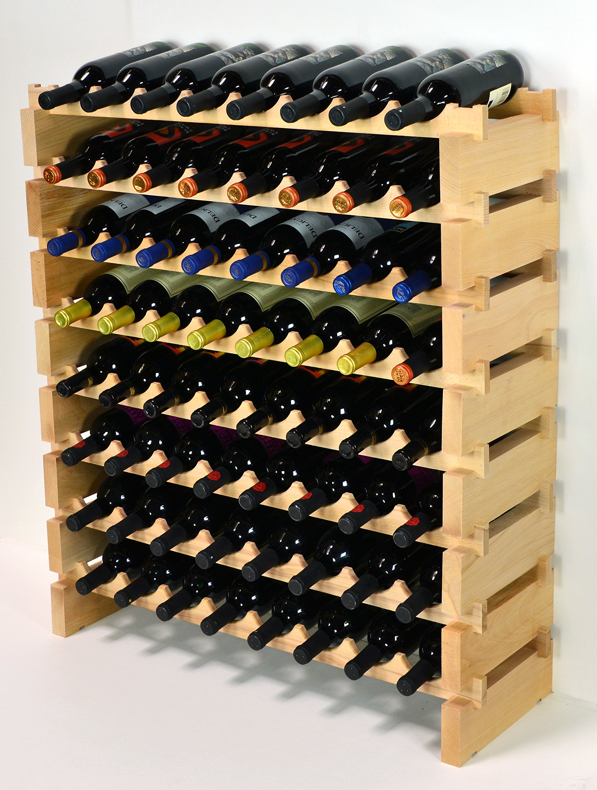 Premium Modular Beechwood Wine Rack - Holds 32 to 96 Bottles (8 Bottles Wide, Up to 12 Rows) - Newest Improved Design - Perfect for Wine Cellars, Home Bars & Restaurants