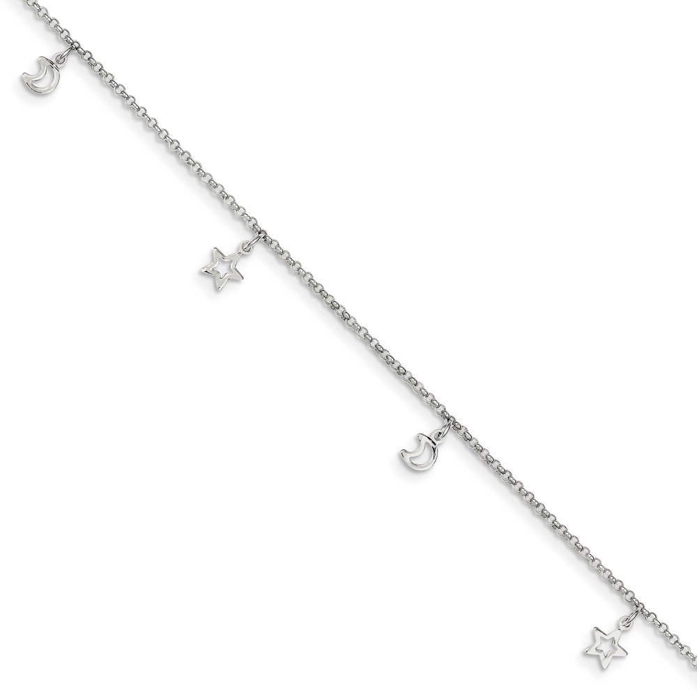Jewels By Lux Sterling Silver Moon and Stars Anklet with 1 Inch Extension - Elegant Ankle Bracelet for Women, Boho Chic Jewelry for Everyday Wear & Special Occasions
