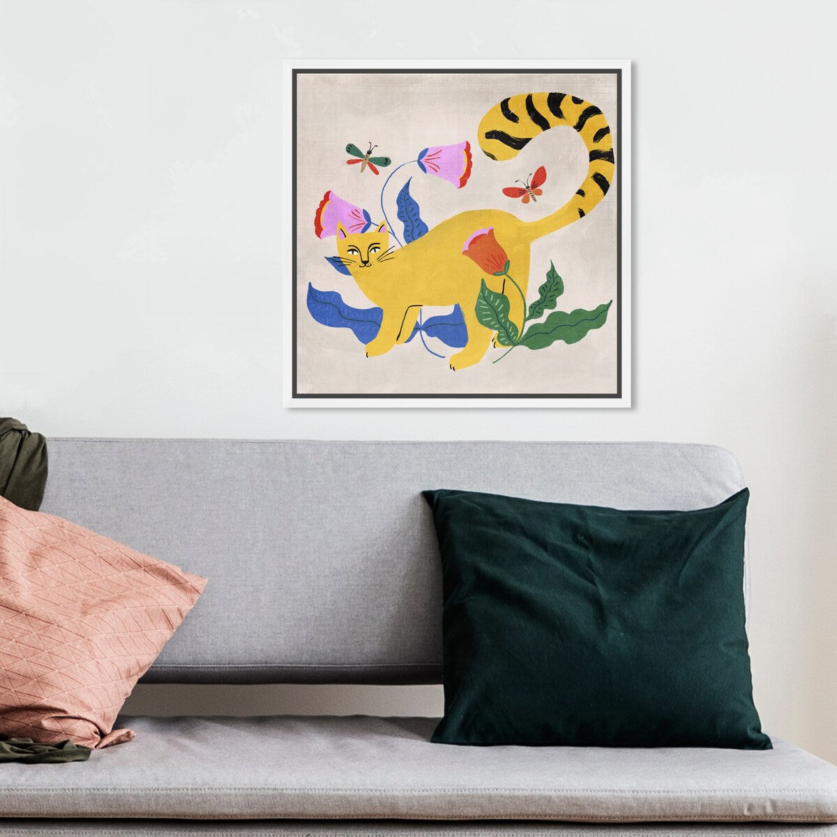 Blonde Tabby Floral Kitten Butterfly Garden Modern Yellow Framed Canvas Wall Art Print - Home Decor for Bedroom, Living Room & Nursery