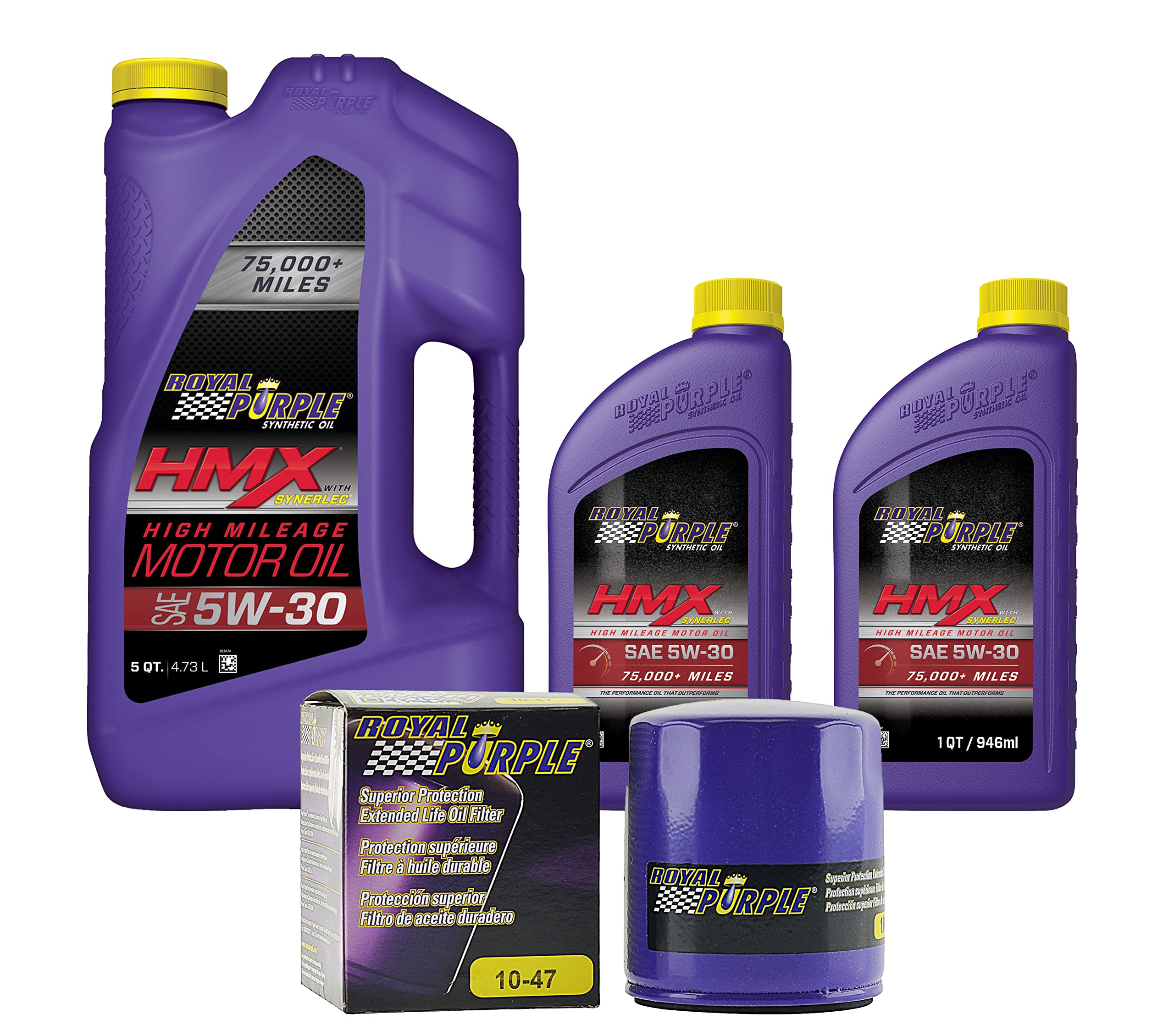 Royal Purple HMX® 5W-30 Synthetic High Mileage Motor Oil - 7 Quarts with 10-47 Extended Life Premium Oil Filter | Ideal for Older Vehicles, High-Performance Engines & Extended Oil Change Intervals