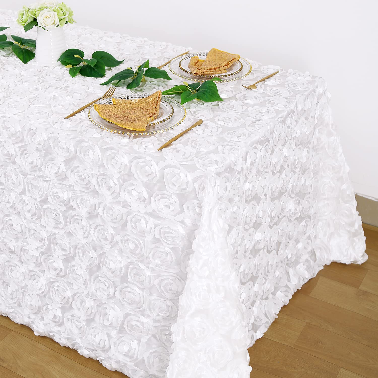 Fanqisi White 3D Floral Satin Raised Rosette Tablecloth 90x132 Inches - Elegant Rectangular Wedding Table Cover for Bridal Showers, Baby Showers, Banquets & Special Events - Perfect for Dining Tables, Buffet Tables & Event Decorations