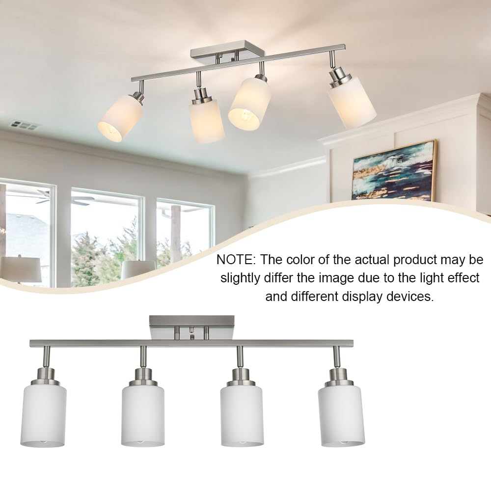 4-Light Brushed Nickel Track Lighting Kit with Opal White Glass - Adjustable Ceiling Spot Lights for Kitchen, Bedroom, Hallway & Bathroom Vanity - Perfect for Task Lighting and Home Decor