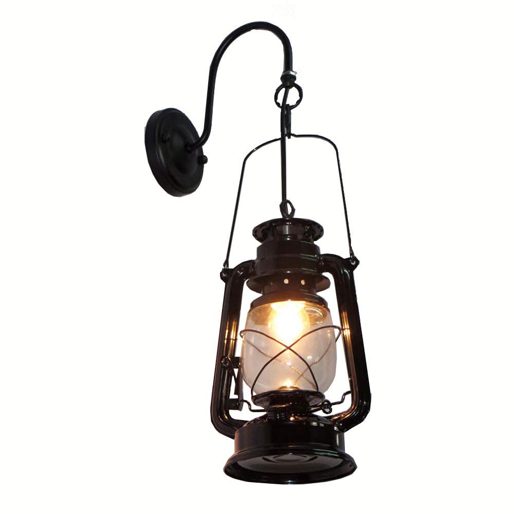 Vintage Glass Lantern Wall Sconce - Antique Hanging Bedroom Lighting, Classic Kerosene Style for Balcony, Corridor & Restaurant - Painted Metal Wall Fixture with Creative Stairwell Design | Perfect for Rustic Home Decor, Outdoor Patio & Cozy Cafe Ambiance