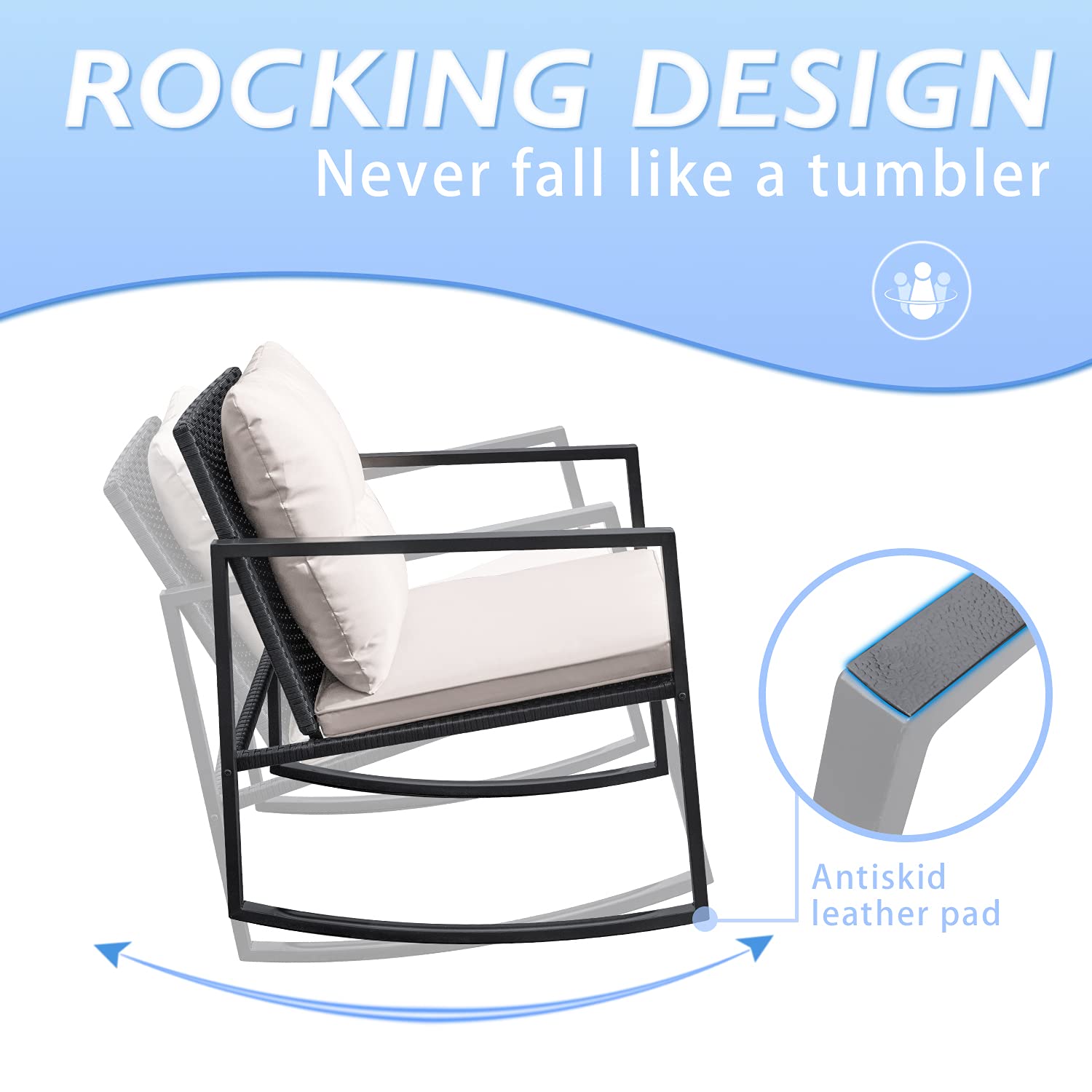 Greesum 3-Piece Wicker Patio Furniture Set - Outdoor Rocking Bistro Chairs with Glass Coffee Table, Beige - Perfect for Porch, Garden, and Backyard Relaxation
