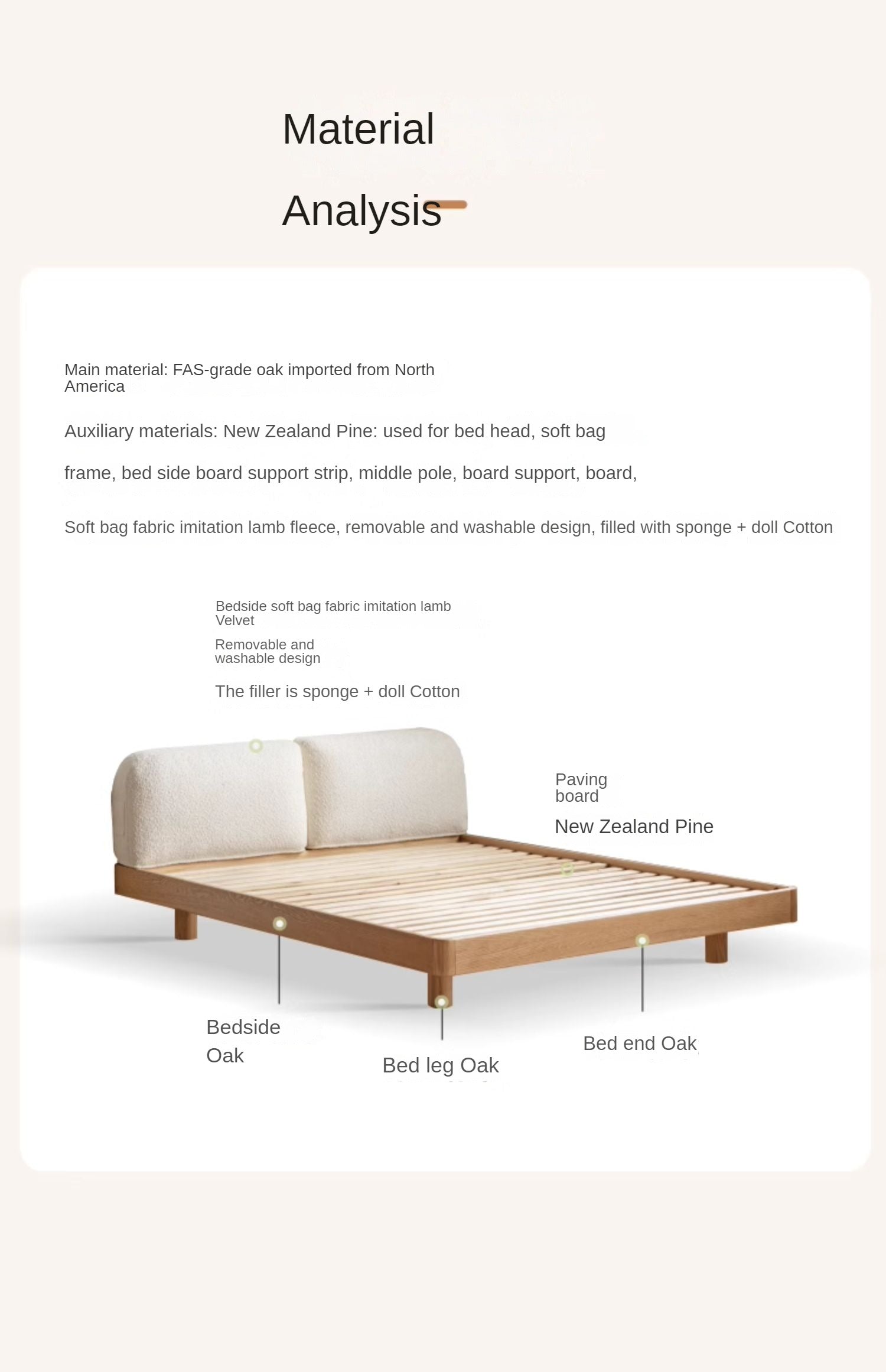 Premium Oak Solid Wood Lamb Fleece Soft Suspension Cream Bed - Cozy & Supportive Sleeping Solution for Modern Bedrooms, Guest Rooms & Nursery Decor
