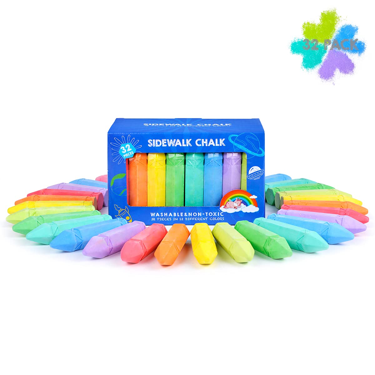 FUNNISM 32 Pack Washable Non-Toxic Sidewalk Chalk Bulk Set - 12 Vibrant Colors Including 4 Glitter Chalk | Jumbo Hexagon Chalk for Kids & Toddlers | Outdoor Art Play, Playground Fun, Chalkboard Drawing | Perfect for Birthday Parties, Summer Activities & Creative Learning