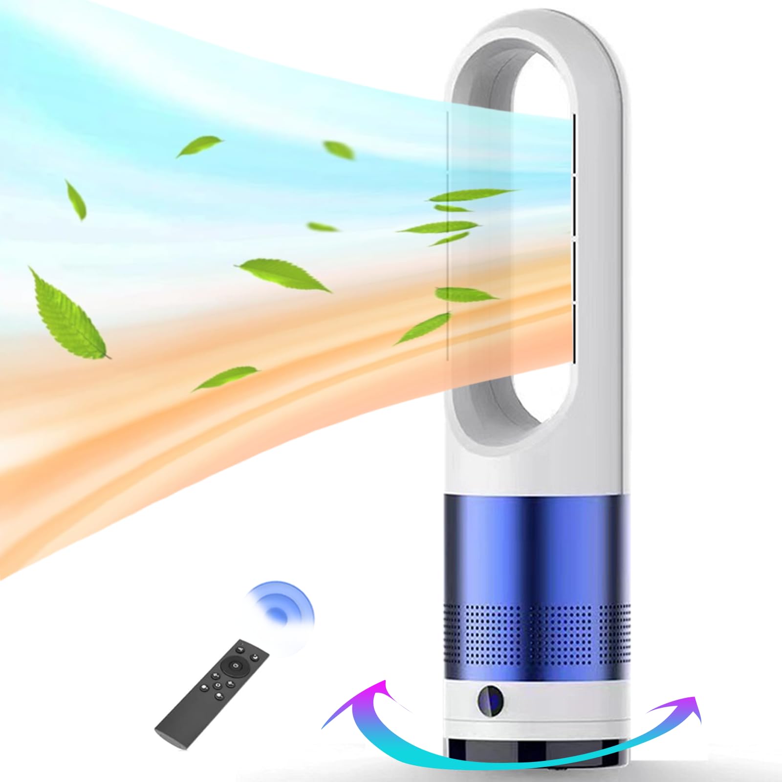 Bladeless Tower Fan & Heater Combo - 1400W Heater & 40W Cooling Fan with 80° Oscillation - Remote & Touch Control - Blue & White - Perfect for Office, Bedroom, Living Room - Year-Round Comfort for Home & Workspace