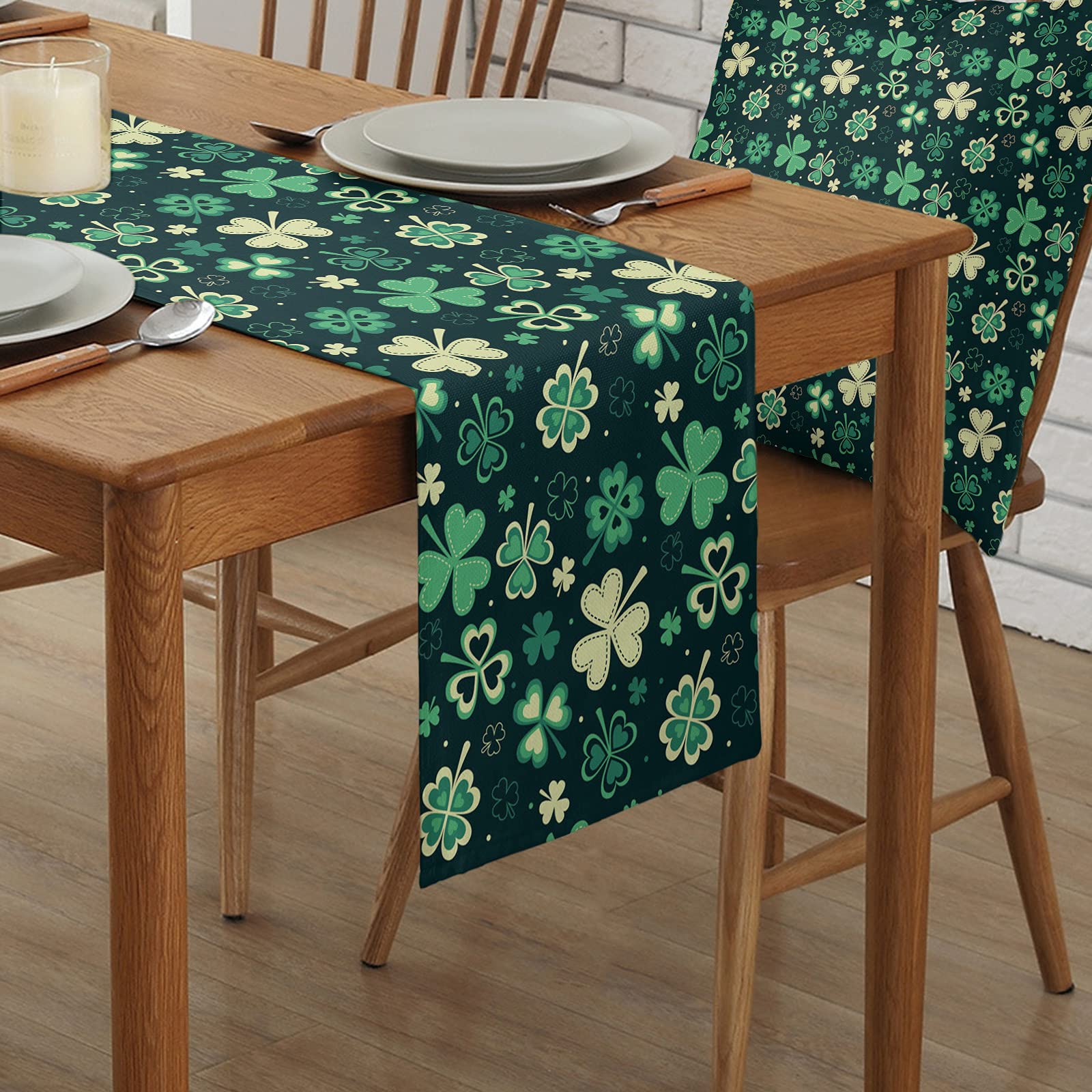 Durable Fabric Table Runner - Saint Patrick's Day Clover Pattern Washable Linen Table Cover for Kitchen, Dining Table, Home Decor (13x70 Inches) | Perfect for Indoor & Outdoor Use, Parties, and Holiday Celebrations