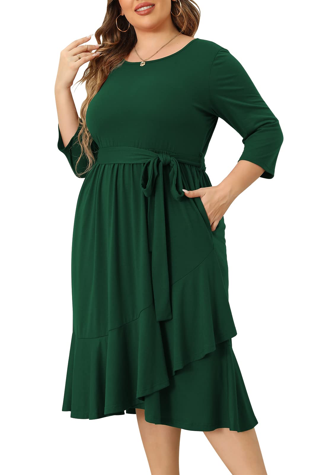 Plus Size Women's Spring Cocktail Dress with Empire Waist & Pockets - Elegant Midi Dress for Holiday Parties, Weddings & Special Occasions
