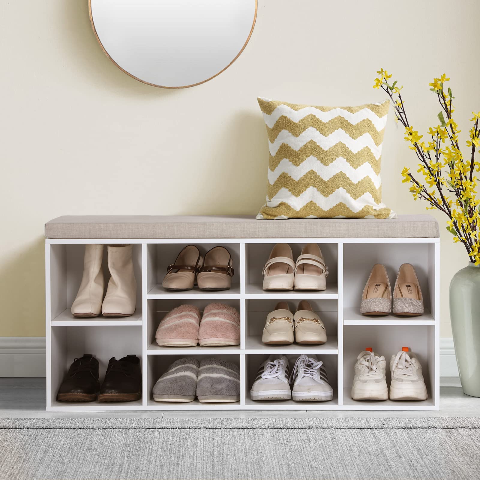 Sophia & William Entryway Shoe Bench with Cushion - 8 Compartment Storage Cabinet, Adjustable Shelves Freestanding Shoe Rack (400 lbs Capacity) - Perfect for Hallway, Mudroom & Closet Organization - White