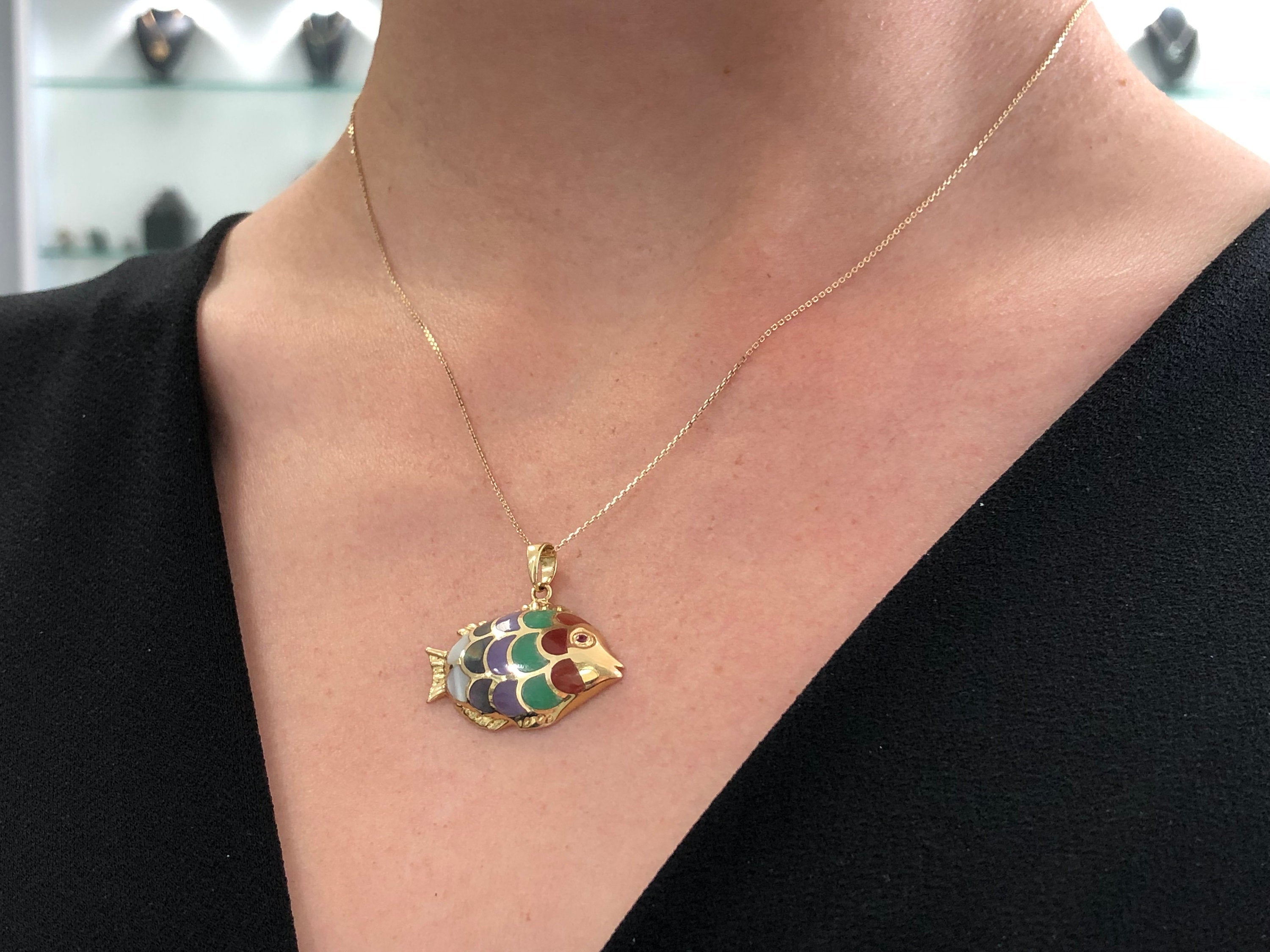 14K Gold Nautical Rainbow Fish Enamel Pendant Necklace - Perfect for Beach Vacations, Summer Outfits & Boho Jewelry Collections