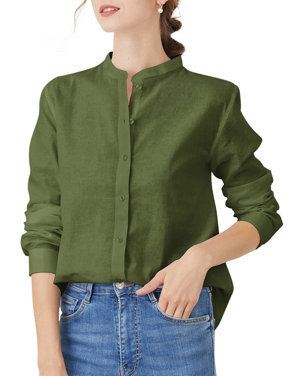 Women's Linen Mandarin Collar Button-Down Shirt - Casual Long Sleeve Blouse for Summer, Office & Travel | Breathable & Comfortable