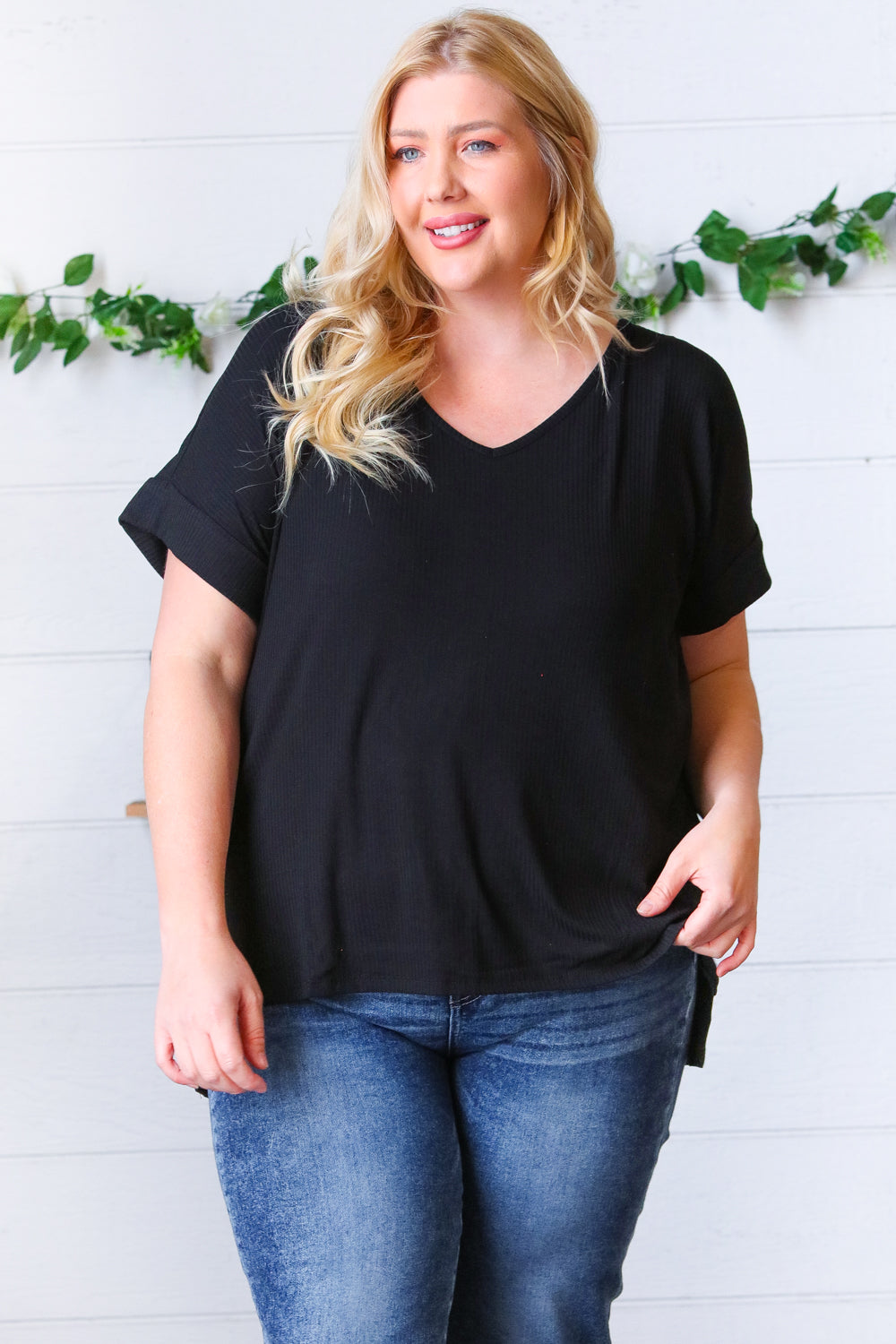 Black Ribbed V-Neck Hi-Low Slit Top for Women - Stylish & Sexy Tunic Blouse for Night Out, Party, or Casual Wear
