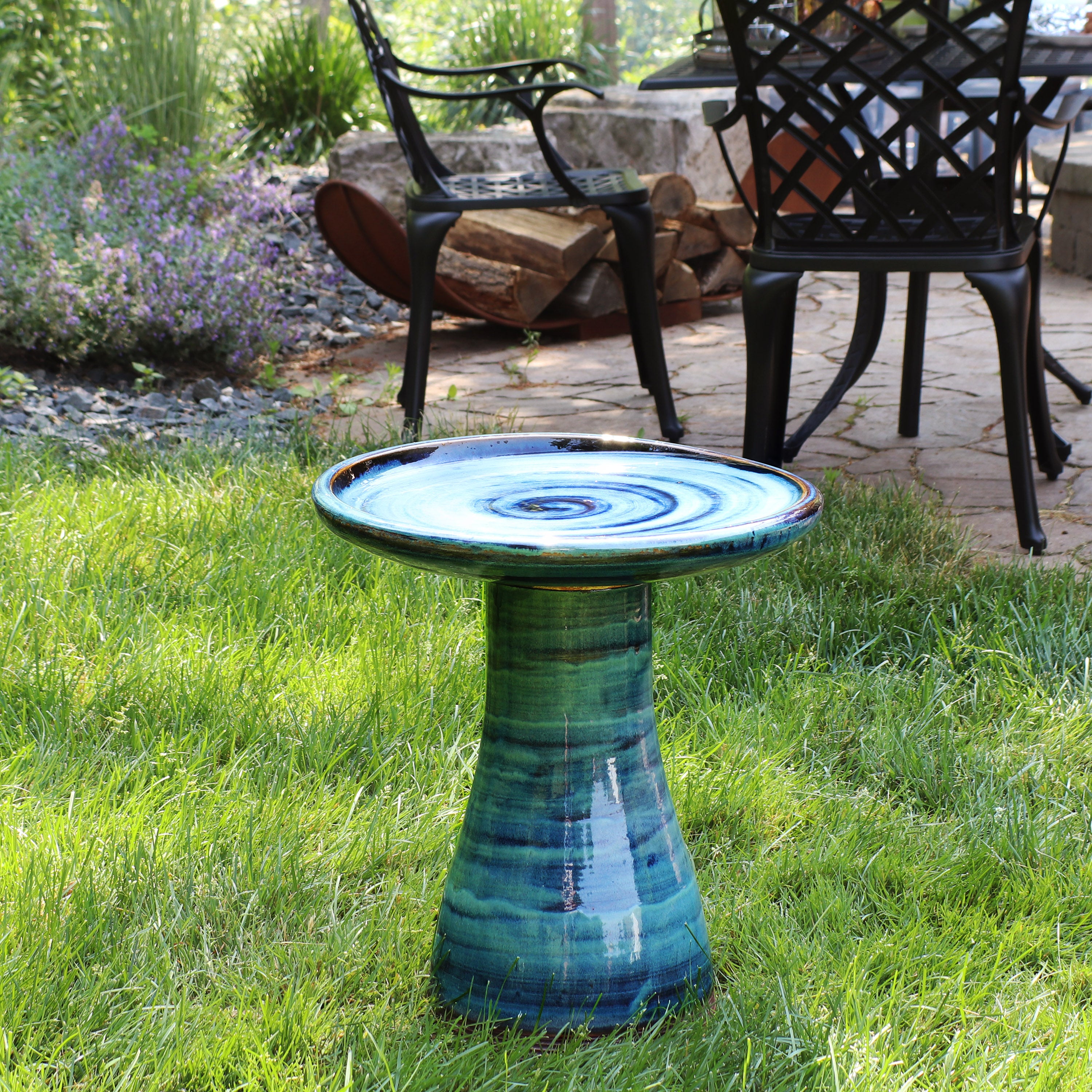 Sunnydaze 18 Inch Glazed Ceramic Outdoor Bird Bath - Garden Decor for Attracting Birds & Enhancing Outdoor Spaces