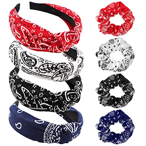 TOBATOBA 8 Pack Women's Elastic Bandana Headbands - Paisley Print Wide Knotted Headbands, No Slip Boho Turban Headbands for Yoga, Running, Workout, Fashion Accessories (Black, Red, Blue, White)