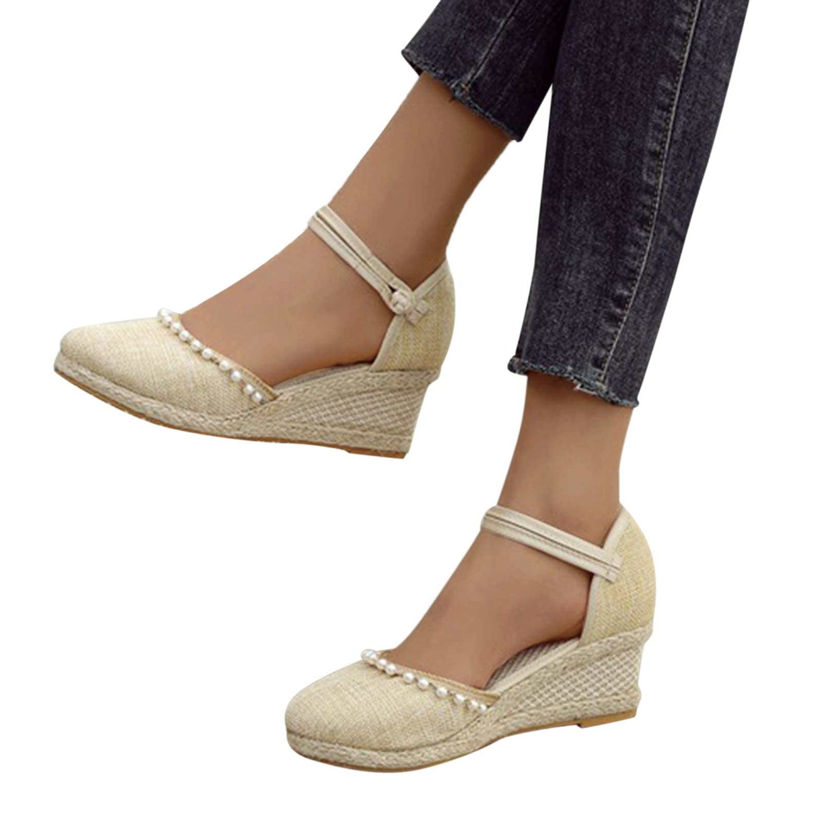 Aniywn Women's Closed Toe Retro Wedge Sandals with Buckle Strap - Comfortable Casual Espadrilles for Walking, Beach, and Summer Outfits