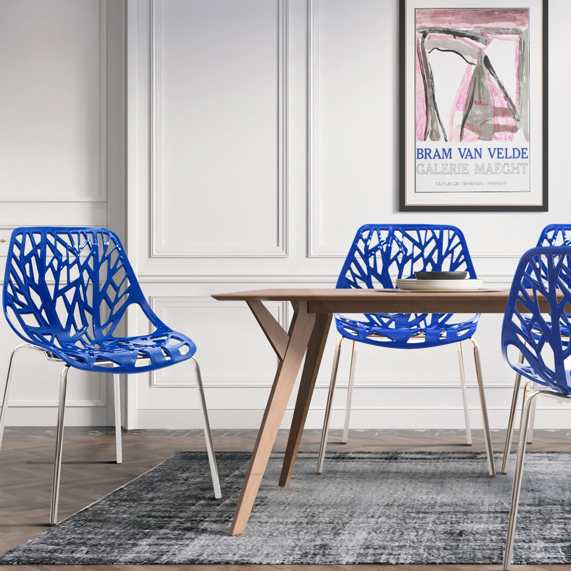 Modern Mid-Century Plastic Shell Hollow Out Chair with Metal Legs - Set of 4 Blue Chairs for Living Room, Bedroom, Kitchen, Dining & Office Waiting Area | Stylish Seating for Home & Commercial Spaces