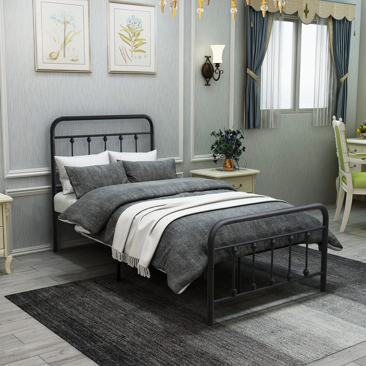 Victorian Vintage Style Metal Twin Bed Frame with Headboard & Footboard - Heavy Duty Steel Platform Foundation - Black - Perfect for Guest Rooms, Kids' Rooms & Small Spaces