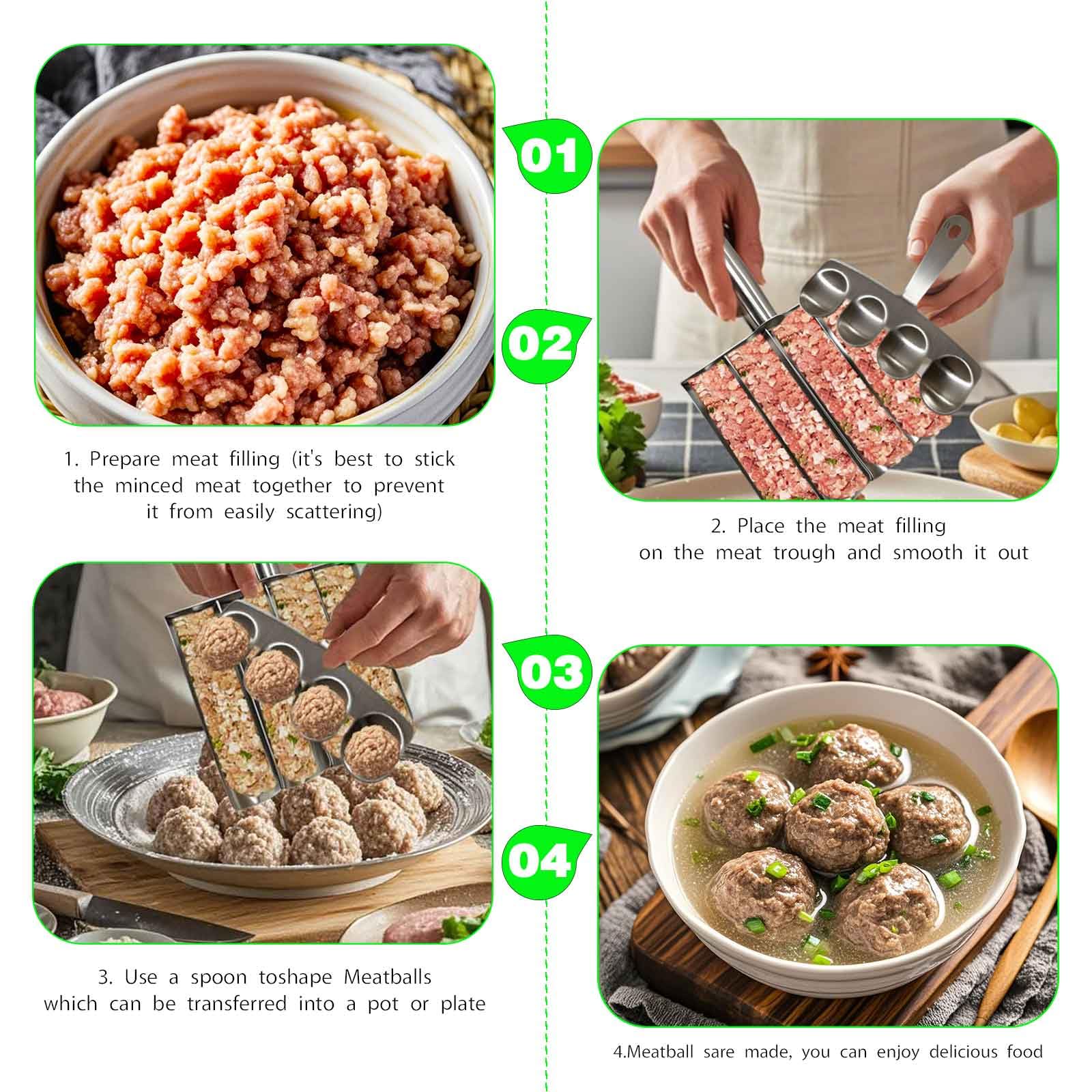 Stainless Steel Meatball Maker Tool - Kitchen Meatball Mold for Perfect 4 Meatballs at Once | Fast & Efficient Size Control | Ideal for Meatballs, Meatloaf, and Meal Prep