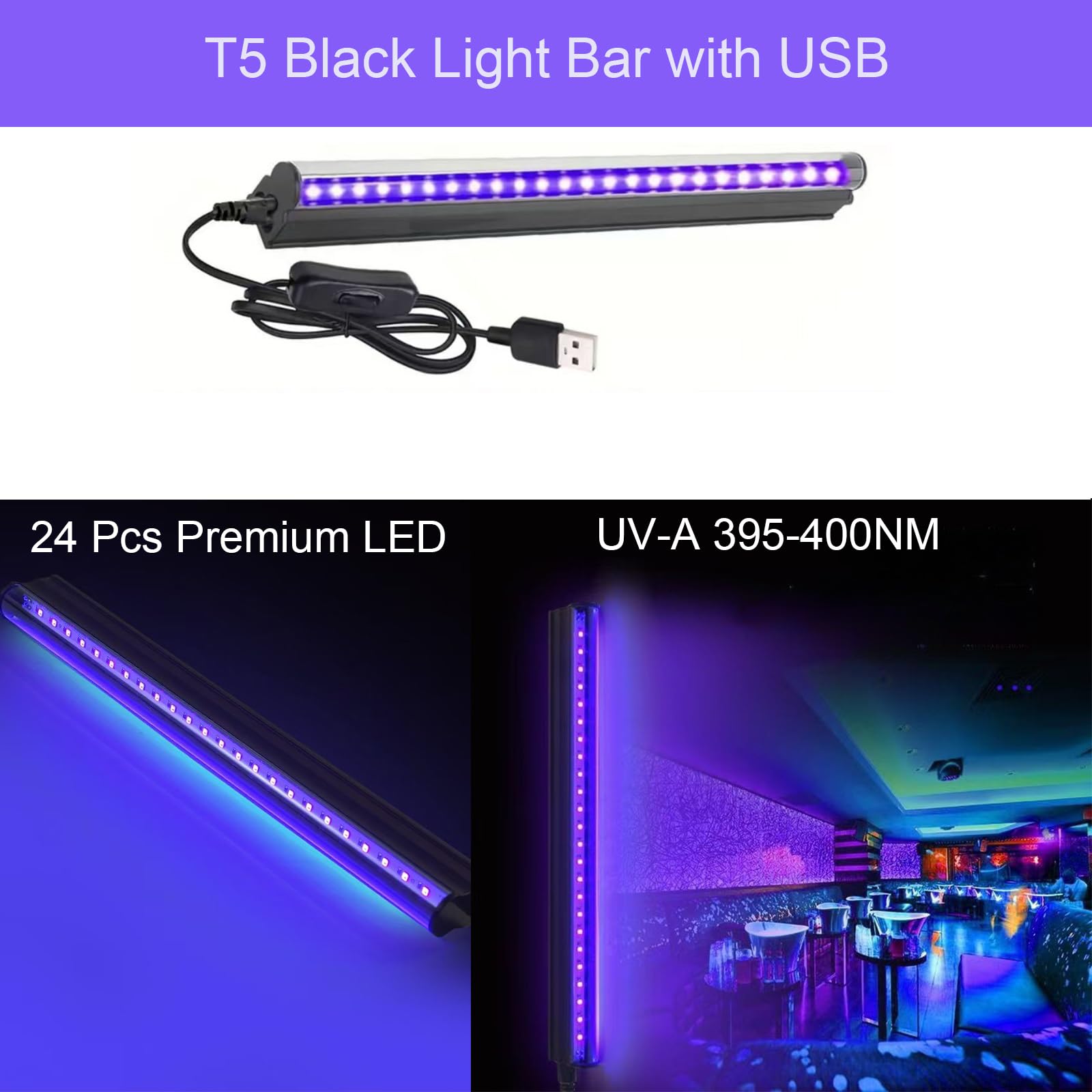 2 Pack 10W Black Light Bar - 1ft T5 LED UV Blacklight Fixture (395-400nm) with USB Power for Glow Parties, Body Paint, Fluorescent Posters - Perfect for Bedroom Decor, Birthday Events & Neon Art Displays
