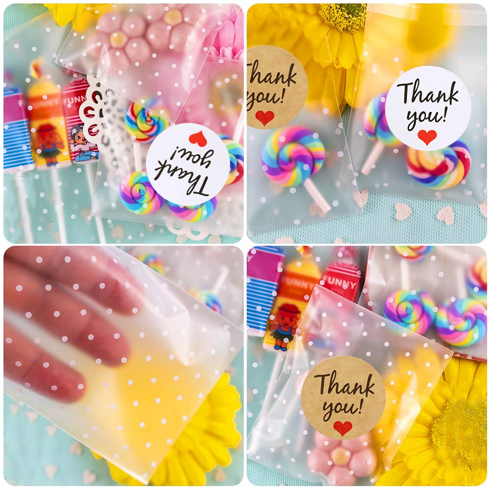 416Pcs Self Adhesive Cookie Bags with Thank You Stickers - 200 Cellophane Treat Bags + 216 Thank You Stickers - White Polka Dot Design for Gift Giving, Cookies, Chocolates - Perfect for Birthday Parties, Baby Showers & Wedding Favors