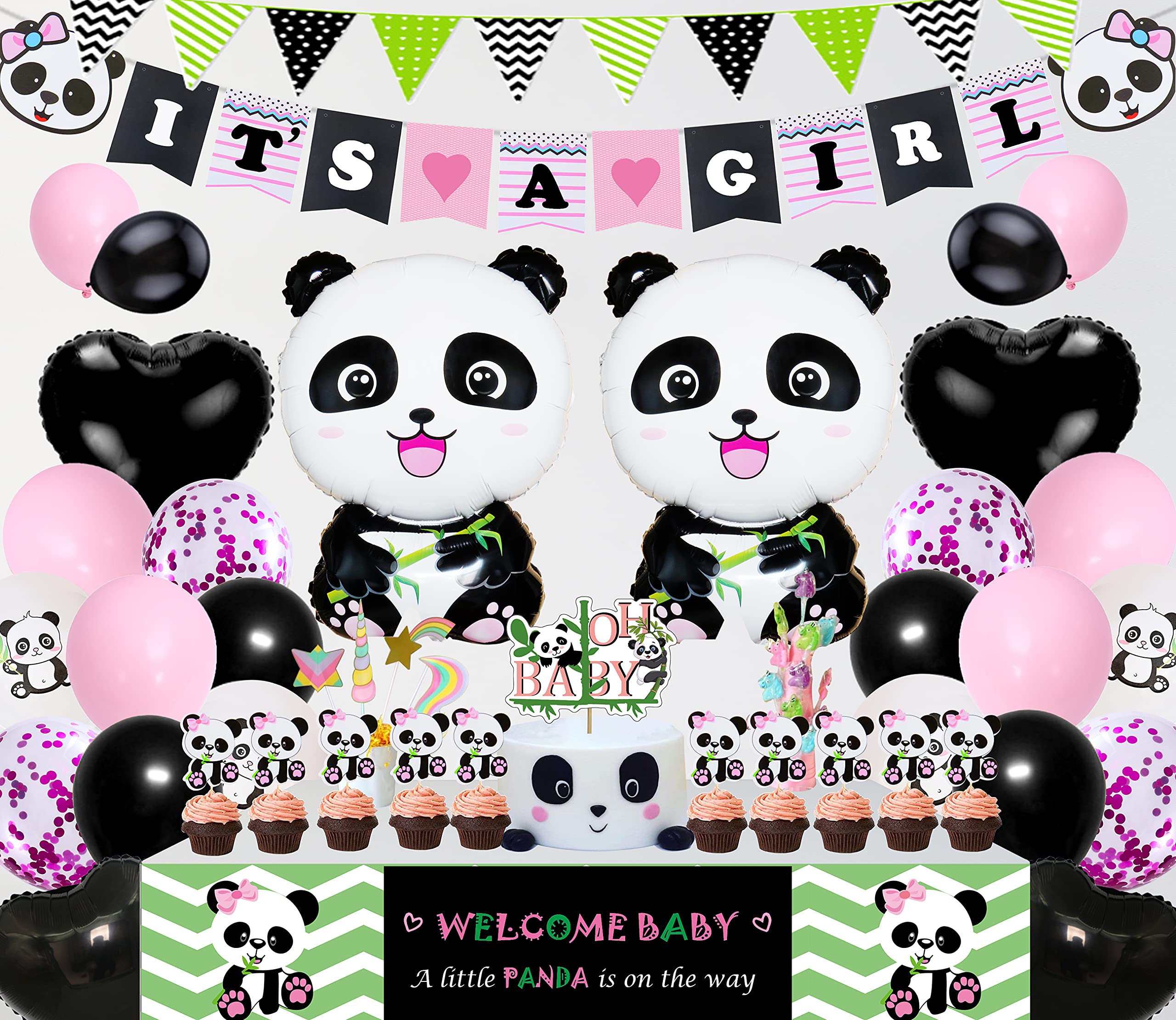 Panda Theme Baby Shower Decorations Set - 61Pcs Cute Gender Neutral Welcome Party Supplies for Newborn - Perfect for Nursery Room, Birthday Party & Baby Celebration (Pink)