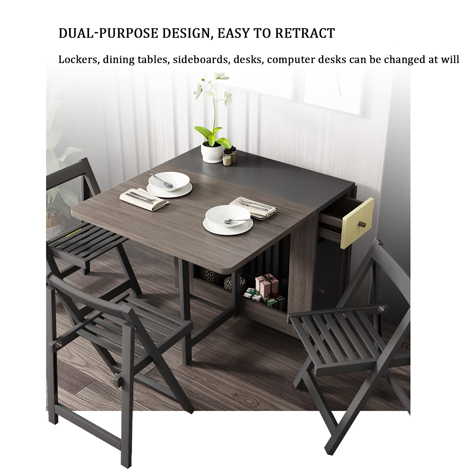 Foldable Dining Table Set with 4 Chairs - Space Saving Drop Leaf Kitchen Table with Wheels & Storage | Perfect for Small Apartments, Kitchen Nooks, Dining Rooms & Family Gatherings