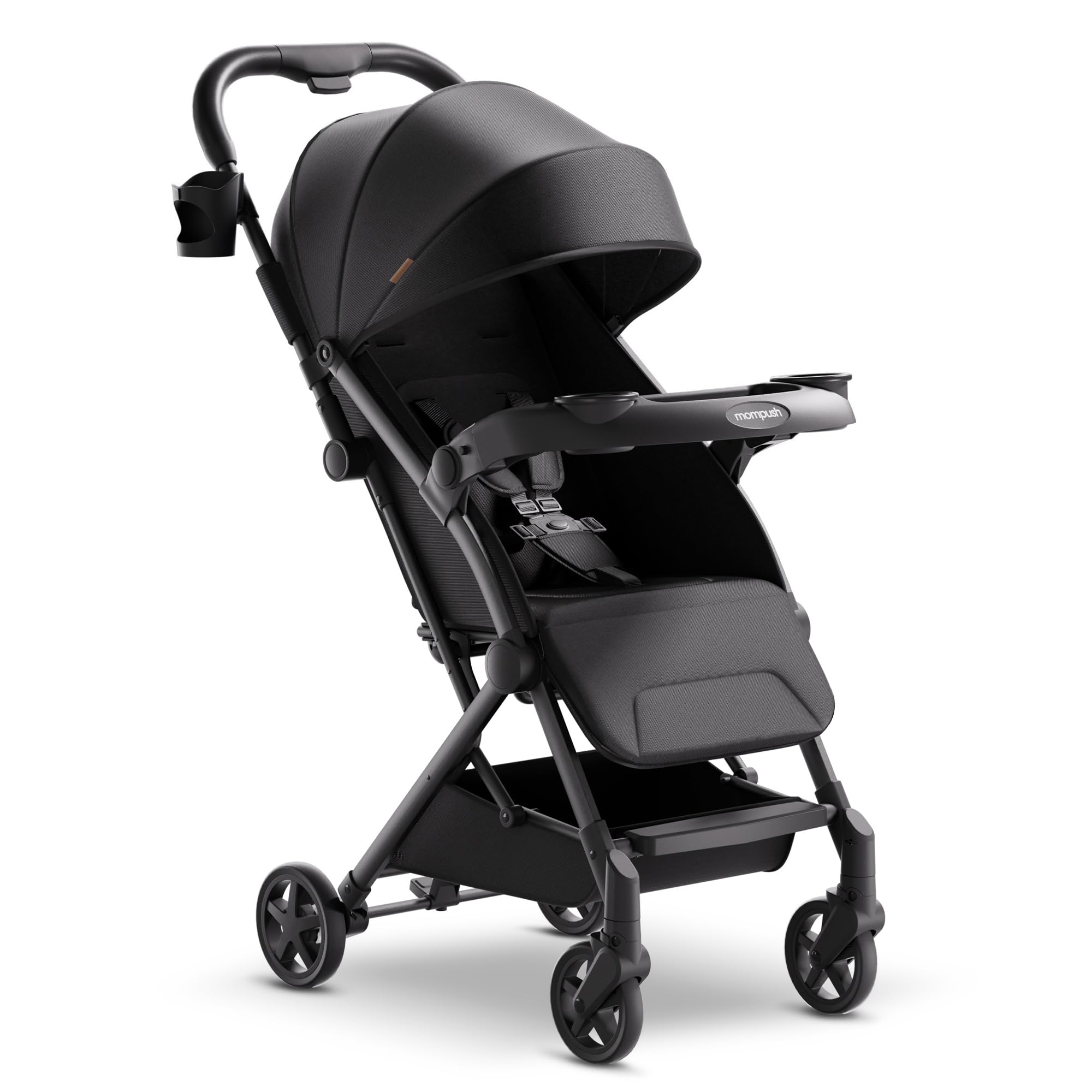Mompush Lithe V2 Ultra Lightweight Compact Travel Stroller with Snack Tray, One-Hand Fold & Airplane Approved - Includes Cup Holder, Rain Cover & Travel Bag - Perfect for Air Travel, Shopping & Daily Outings
