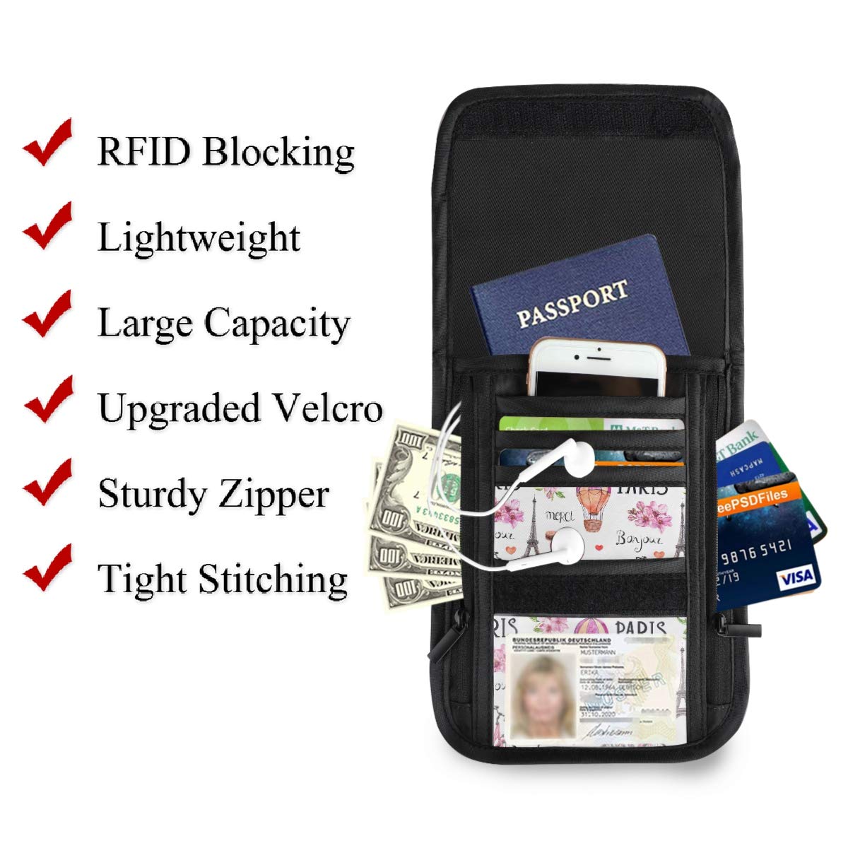 RFID Blocking Travel Neck Wallet - Paris Style Floral Passport Holder for Women & Men, Waterproof Neck Pouch for Cash, Cards & Documents | Perfect for Airports, Sightseeing & Secure Travel Accessories
