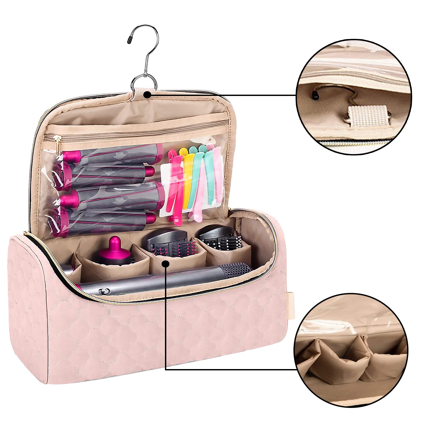 Dyson Airwrap Travel Storage Bag - Compatible with Airwrap Hair Styler & All Attachments, Pink Organizer Case with Hanging Hook & 4 Clips | Perfect for Travel, Home Storage & Salon Use