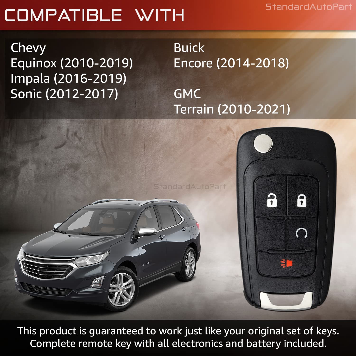 StandardAutoPart Flip Key Entry Remote Key Fob Compatible with Chevrolet Equinox Terrain Encore Impala Sonic OHT01060512 with Remote Start - Replacement Car Key for Easy Vehicle Access & Security (Ideal for Lost Keys, Spare Keys, or Key Upgrades)