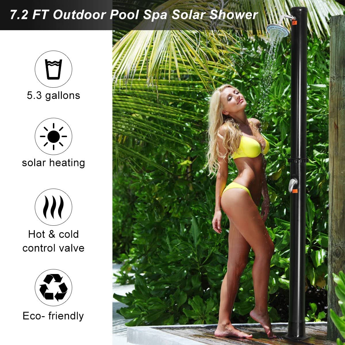 GRAFFY 7.2Ft 5.5 Gallon Solar Outdoor Shower with Adjustable Shower Head - Portable Camping Shower for Backyard, Poolside, Beach, RV & Travel - Easy Installation Black