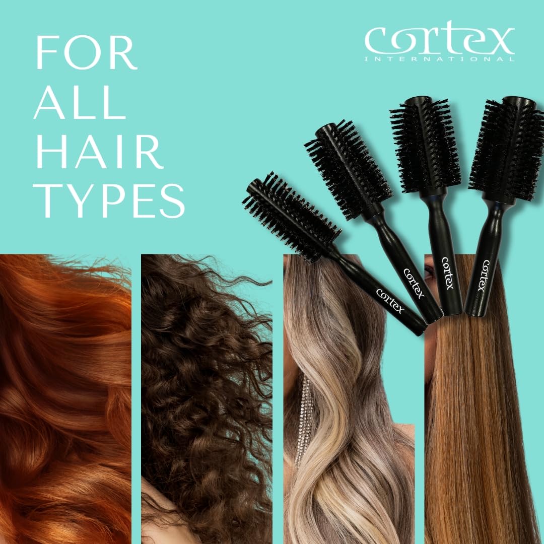 Natural Boar Bristle Round Hair Brush Set - Soft Wooden Brush for Straightening & Styling All Hair Types - Men & Women's Volumizing Hair Tool (4-Piece, Black) - Perfect for Salon Styling, Home Hair Care & Travel Essentials