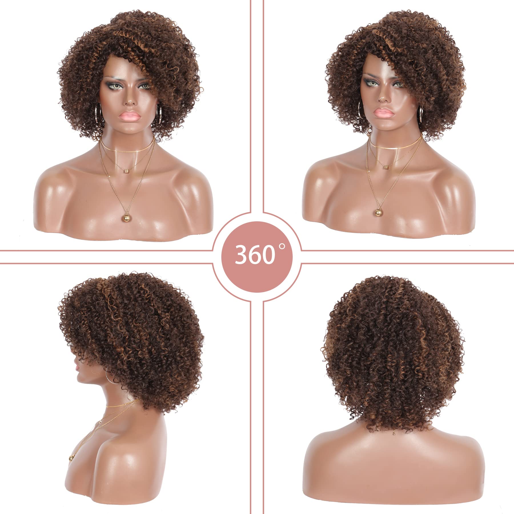 Premium Synthetic Afro Kinky Curly Wigs for Black Women - Kalyss Brown Highlights, 150% Density, Natural Looking with Bangs | Perfect for Cosplay, Daily Wear & Protective Hairstyles