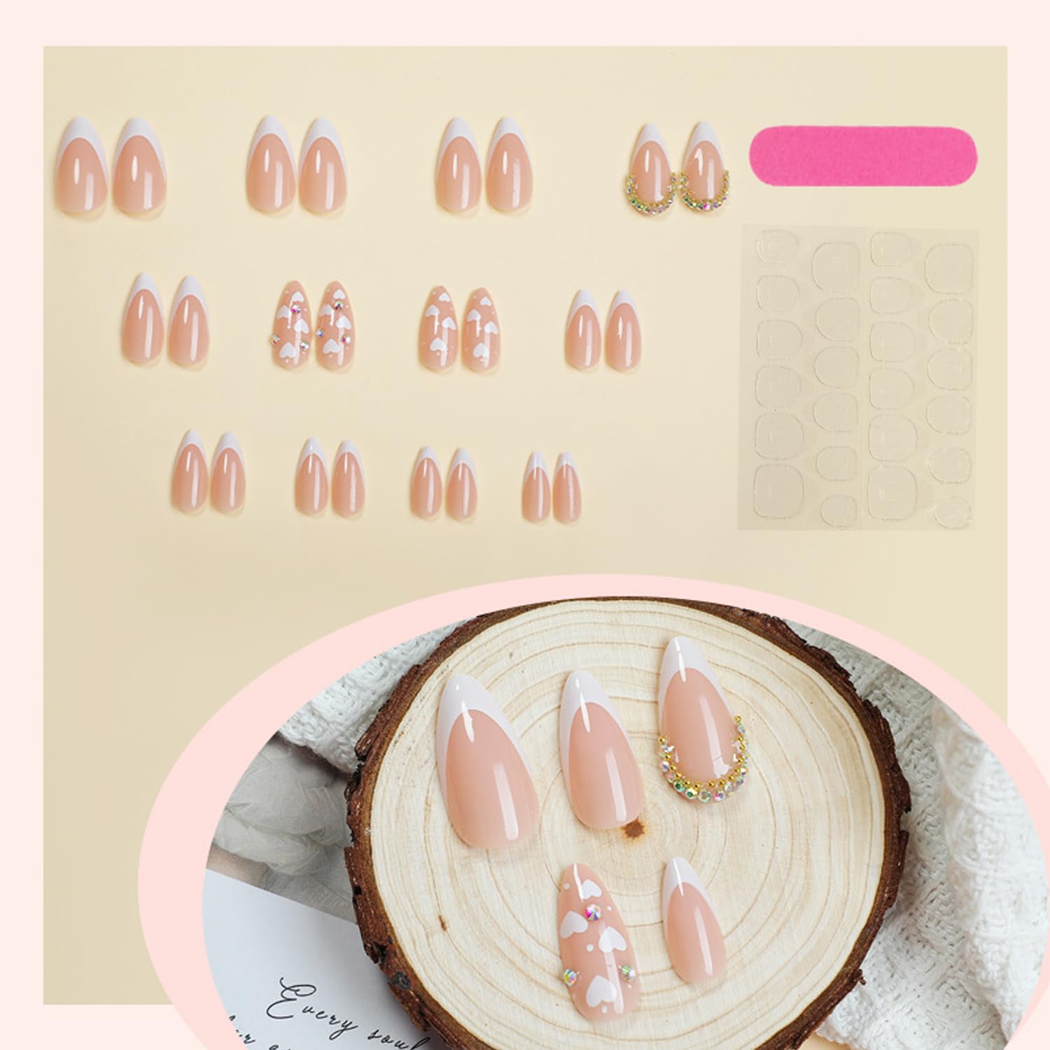 24Pcs Valentine's Day Press on Nails - White French Love Design Glossy Almond Glitter Heart Fake Nails | Full Cover Stick on Acrylic Nails with Sparkly Manicure Art | Perfect for Date Night, Bridal Shower & Romantic Occasions
